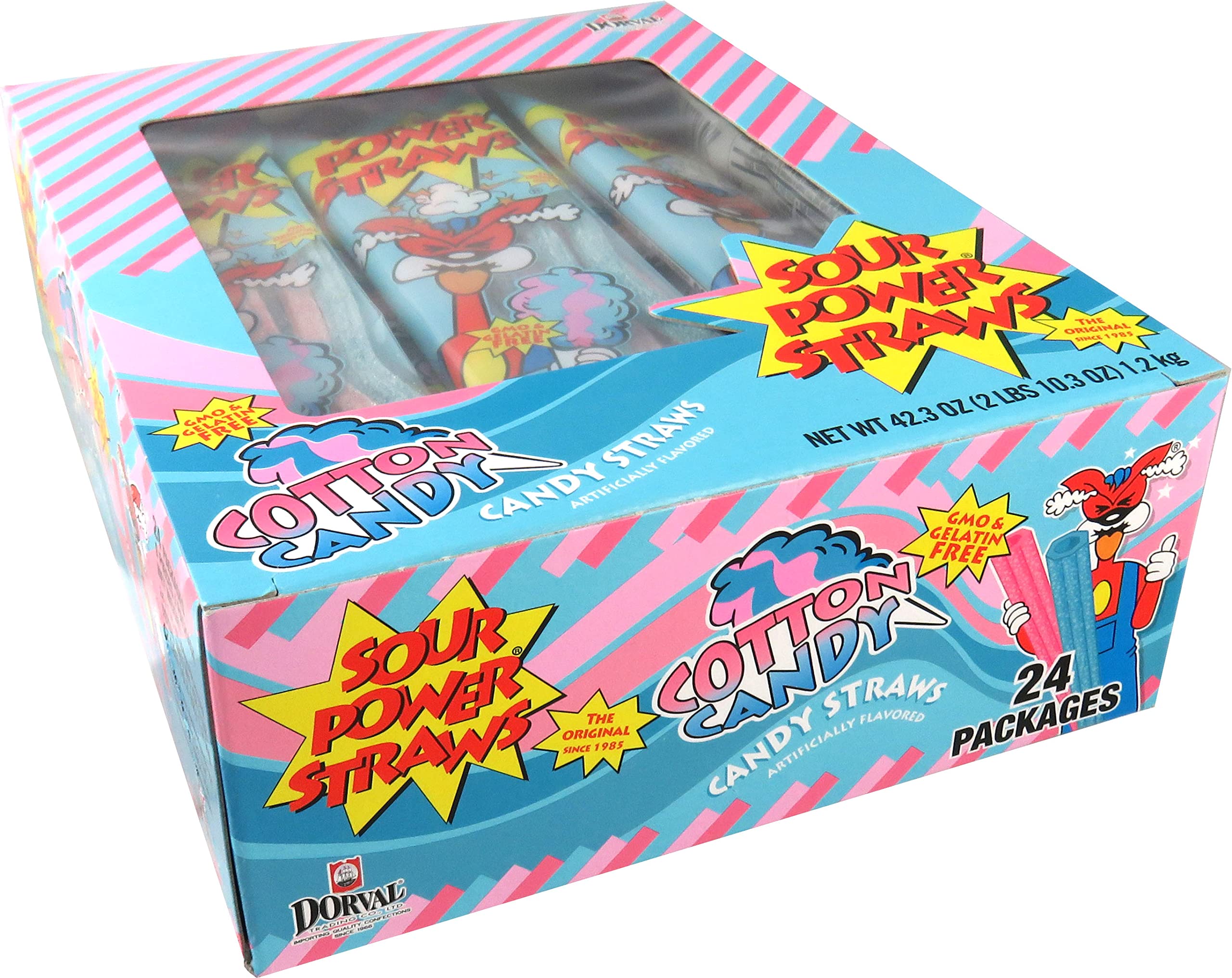 Sour Power Candy Straws - 24 Pack of 1.75oz Cotton Candy Flavor Fun Straws | Party Favors, Birthday Treats & Classroom Rewards