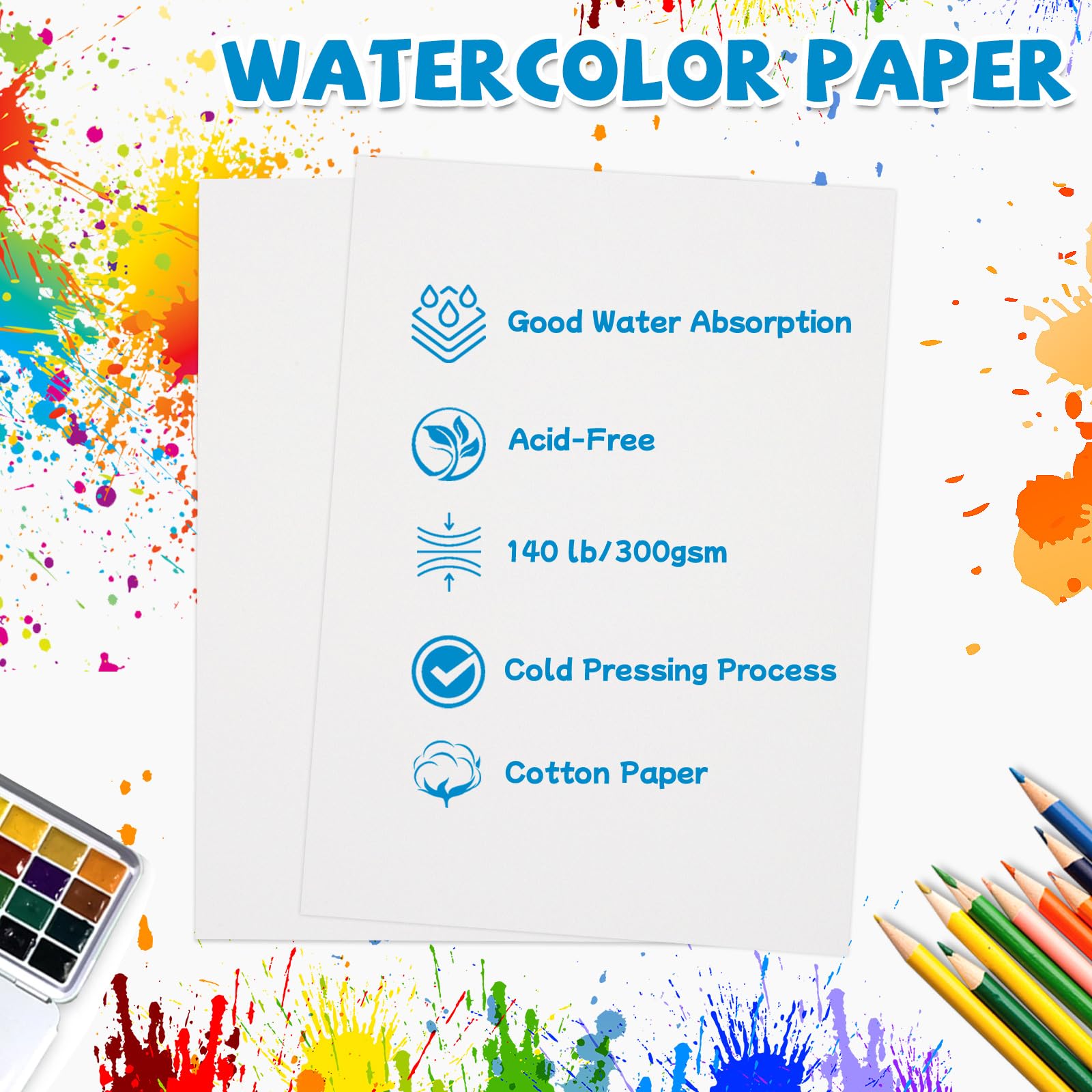 30 Sheets 5x7 Inch Watercolor Paper - 140 lb/300 GSM Cold Press Cotton Paper for Kids, Students & Artists - Perfect for Sketching, Painting & DIY Art Projects