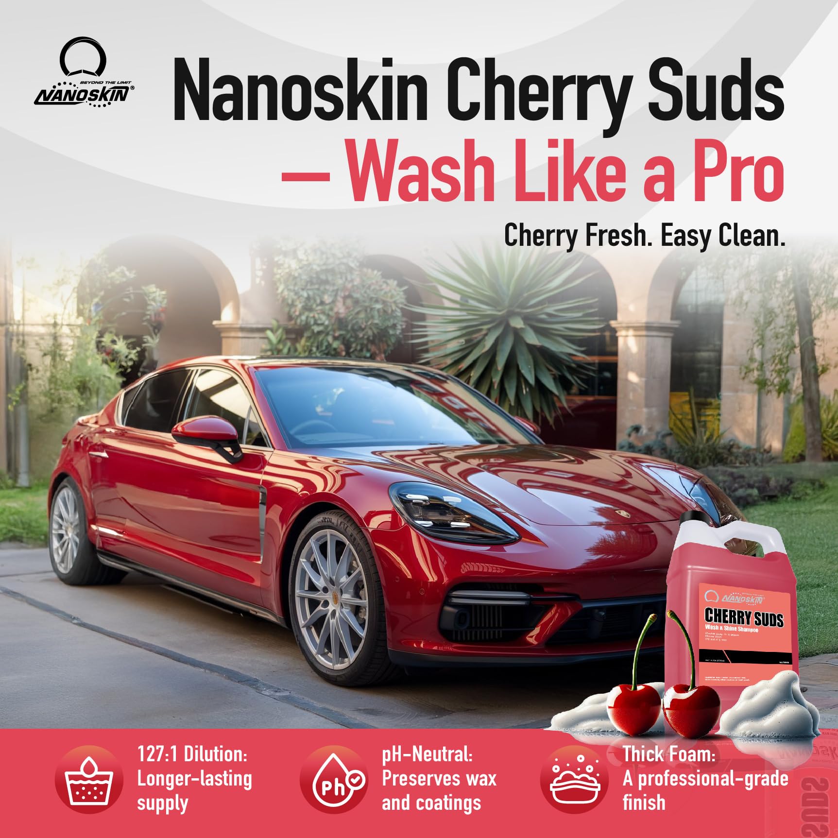Nanoskin Cherry SUDS Wash & Shine Shampoo - 1 Gallon Car Detailing Soap for Deep Cleaning & Glossy Finish - Perfect for Cars, Trucks & SUVs