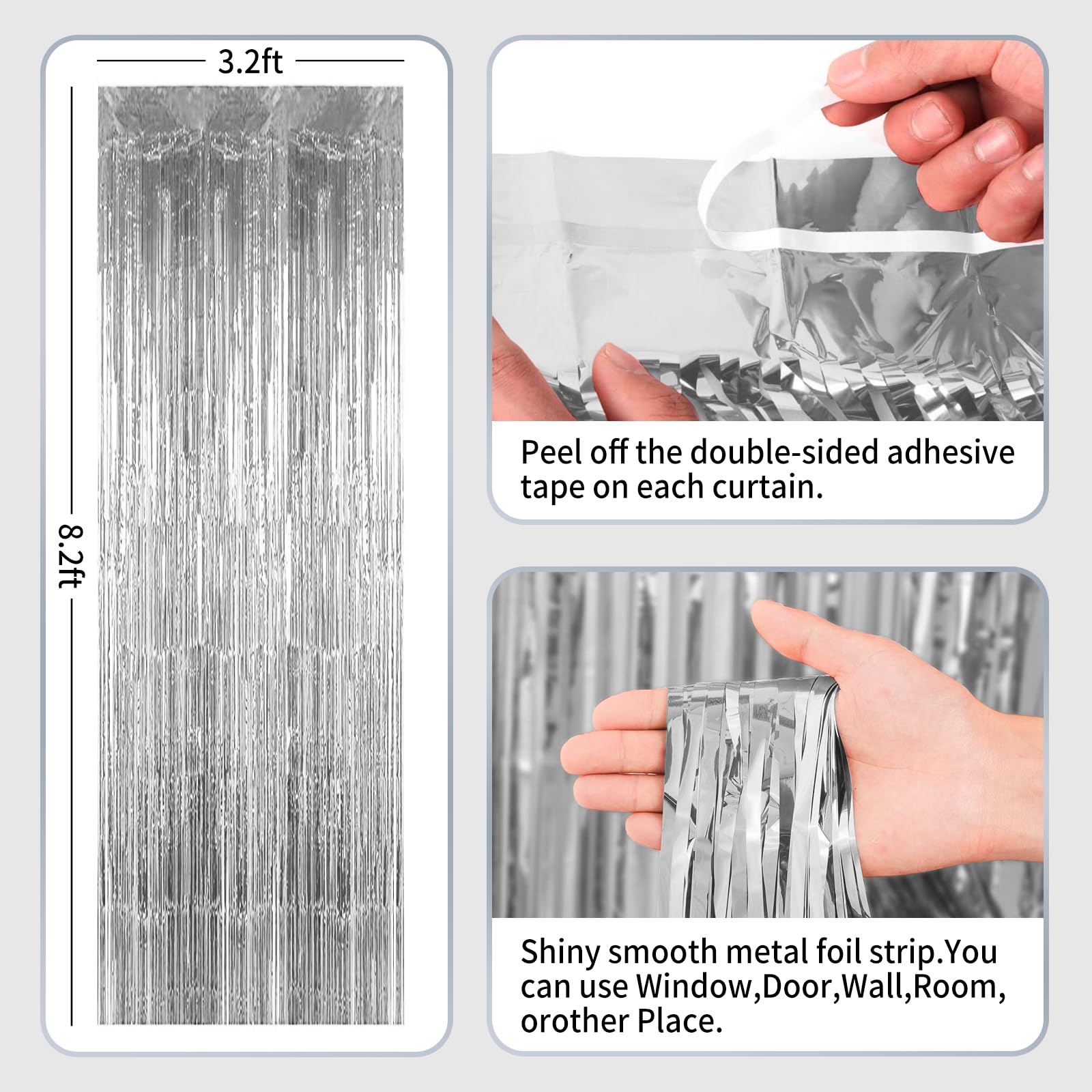3 Pack 3.2ft x 8.2ft Silver Metallic Foil Fringe Curtains - Tinsel Streamers for Bachelorette Party, Birthday, Graduation & Baby Shower Decorations - Perfect for Photo Backdrops, Wall Decor & Event Styling