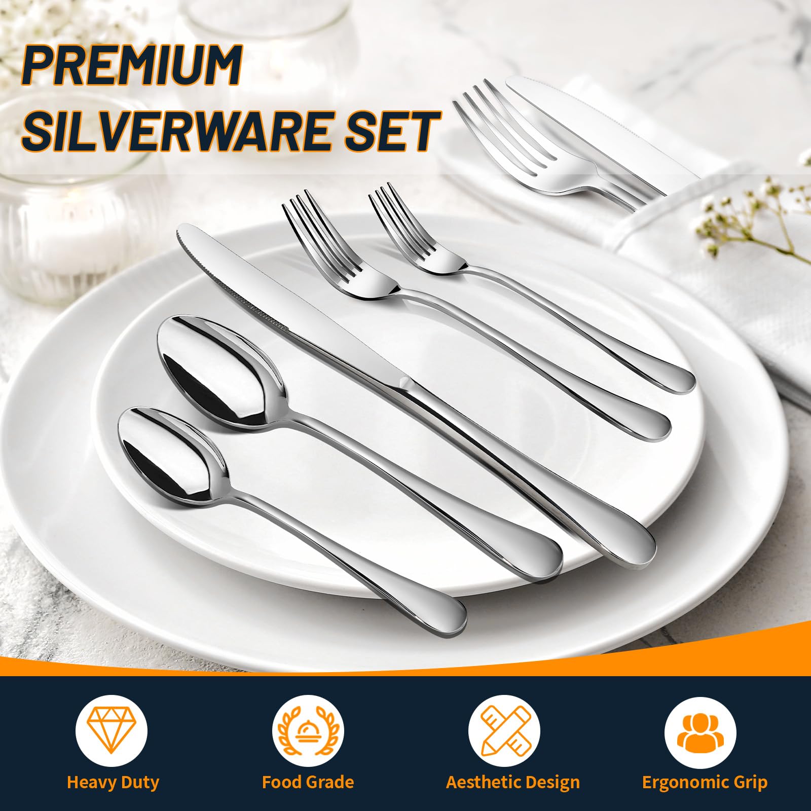 40-Piece Stainless Steel Silverware Set for 8 - Heavy Duty Mirror Polished Flatware with Forks, Spoons & Knives - Dishwasher Safe Cutlery Set for Home Kitchen, Restaurants & Dinner Parties