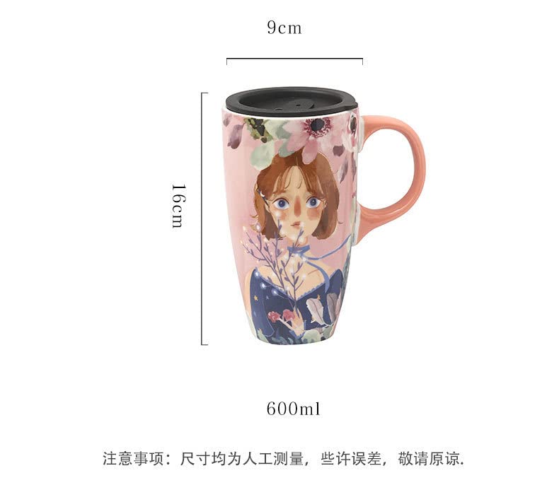 Forest Girl Ceramic Coffee Mug with Lid - Cute Cartoon Painting Design for Tea, Milk & Hot Drinks - Perfect Birthday Gift for Home & Office Use (Green)