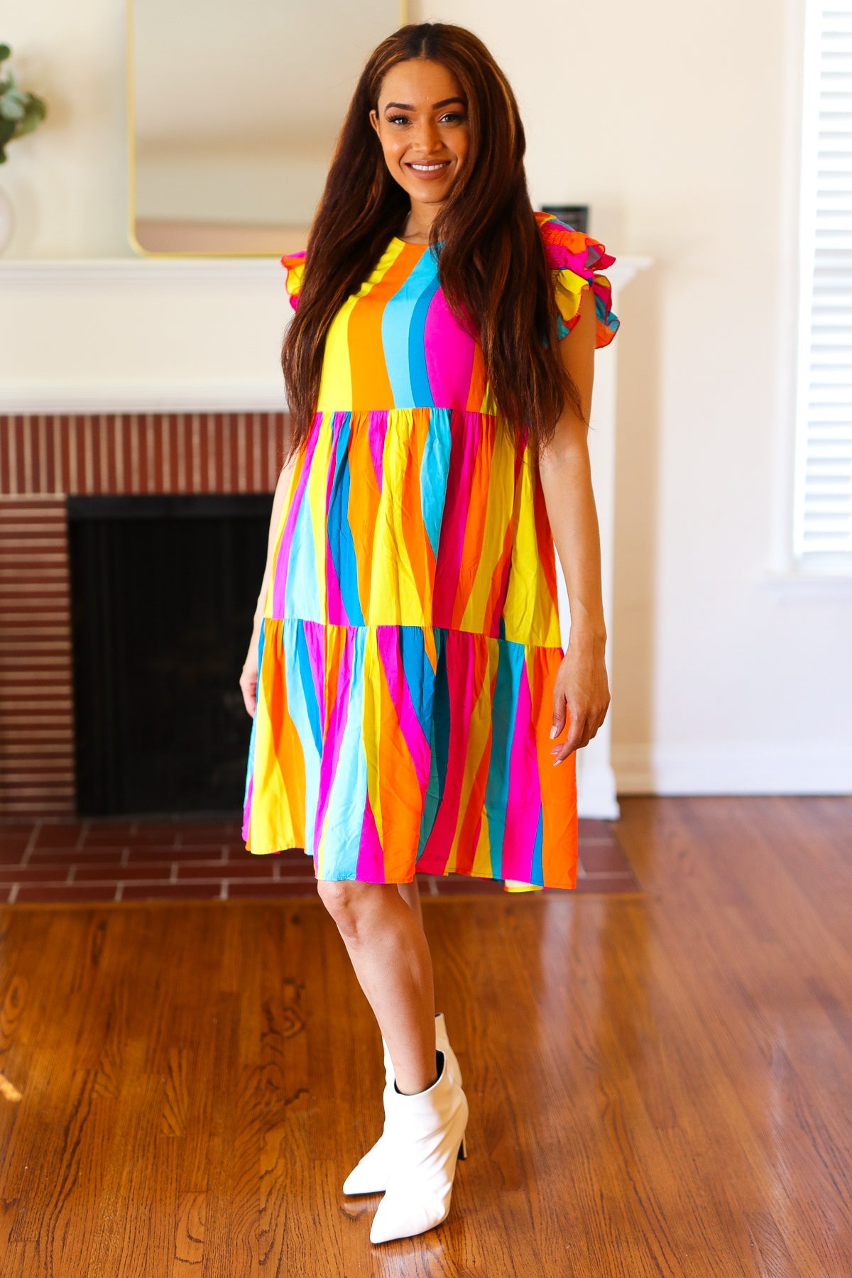 Eyes On You Multicolor Abstract Print Smocked Ruffle Sleeve Dress for Women | Flowy Summer Dress for Beach, Party & Date Night