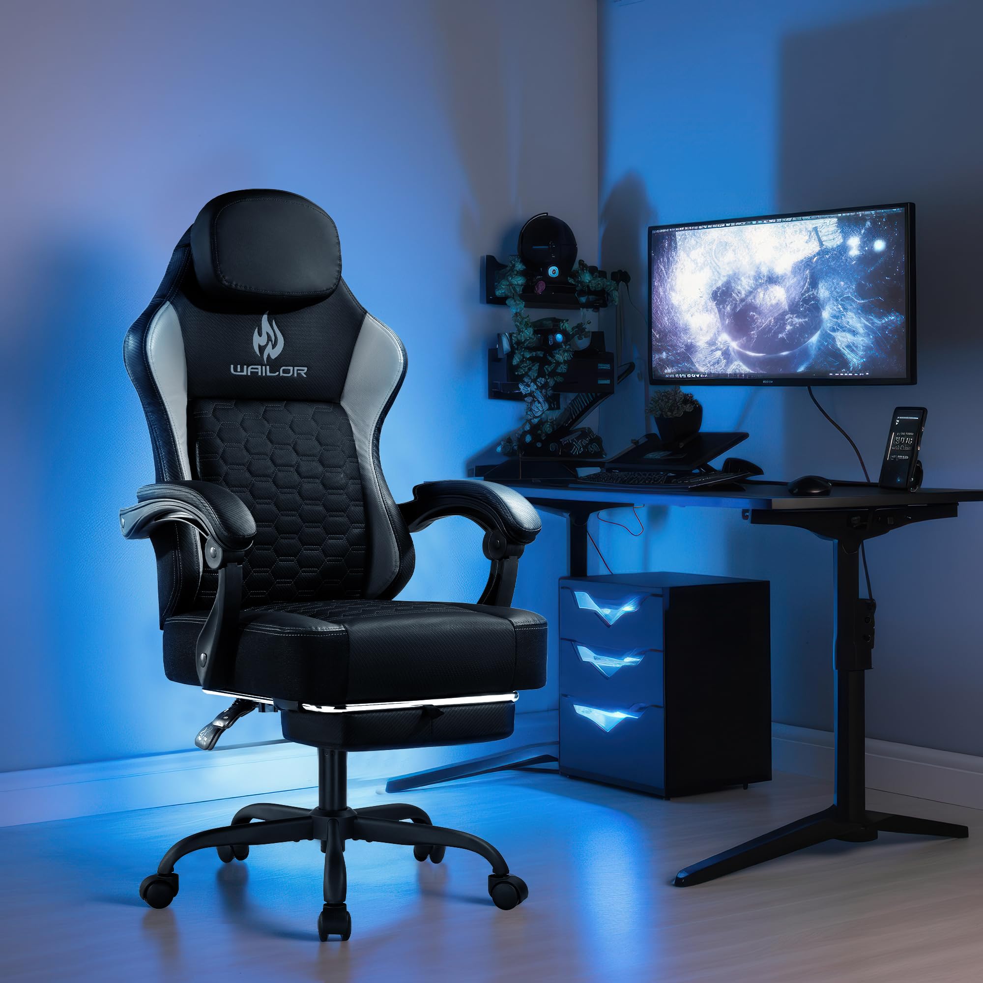 Premium Gaming Chair with Pocket Spring Cushion - Ergonomic High Back Office Chair with Adjustable Footrest, Headrest & Lumbar Support - 300LBS Capacity for PC, Console & Esports Gamers - Perfect for Long Gaming Sessions, Home Office & Streaming Setups