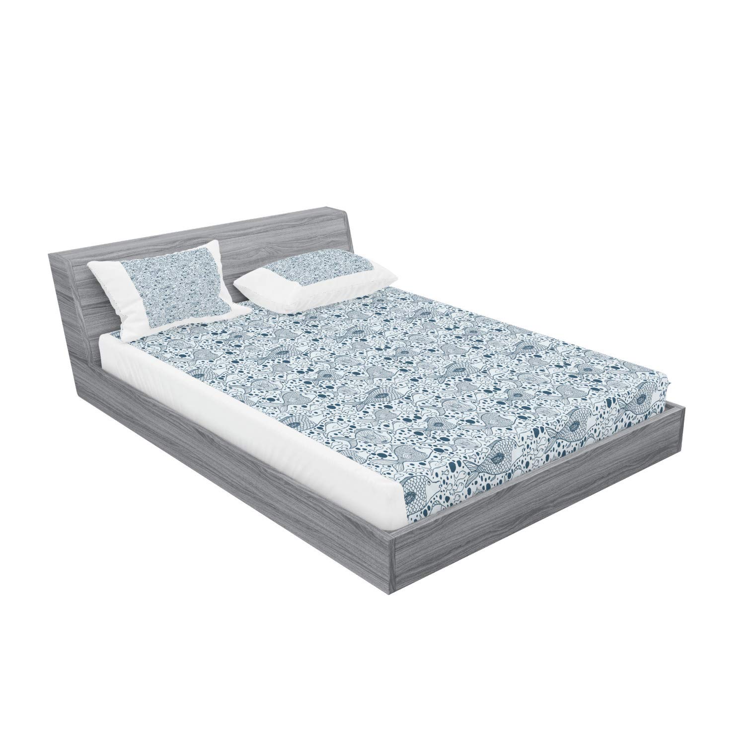 Ambesonne Blue Fitted Sheet & Pillow Sham Set - Underwater Sea Life with Fish and Bubbles Funky Art Print, Full Size 3-Piece Bedding Set for Coastal & Nautical Themed Bedrooms - Perfect for Kids Rooms, Beach Houses, and Ocean Lover Decor
