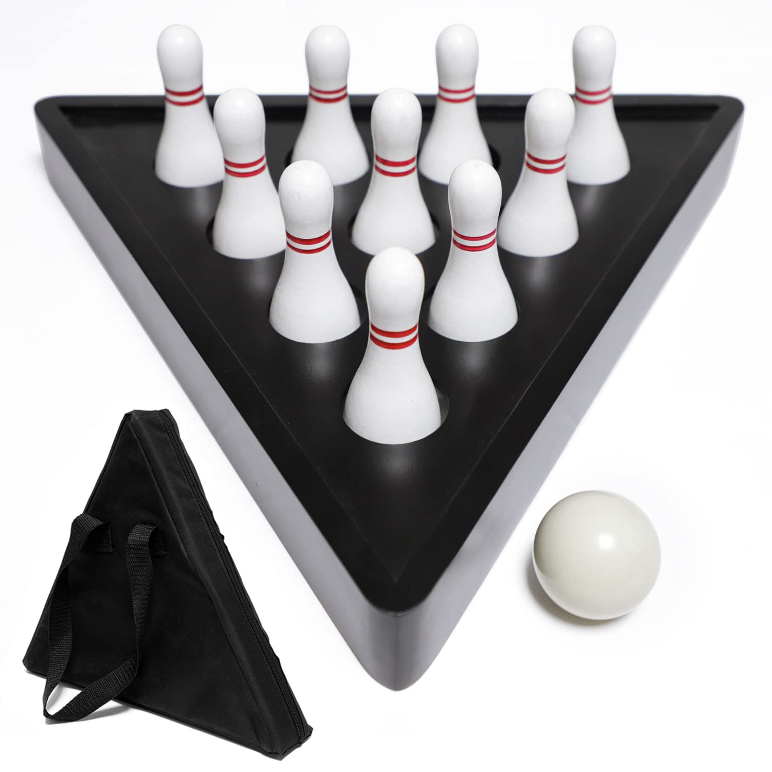 Premium 10-Piece Hardwood Shuffleboard Bowling Pin Set with Durable Triangular Pinsetter, Resin Bowling Ball & Carrying Bag - Perfect for Family Game Nights, Bar Entertainment, and Backyard Shuffleboard Fun