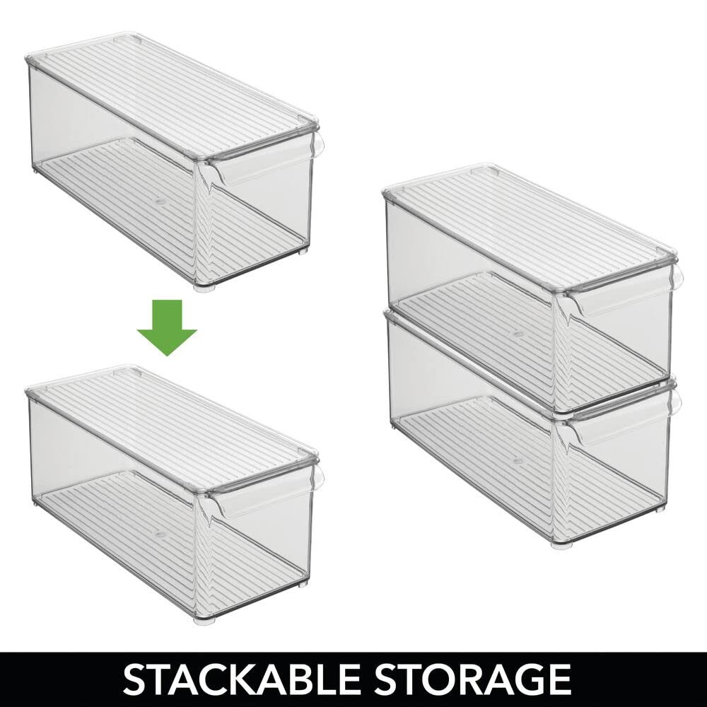 mDesign Plastic Stackable Kitchen Pantry Cabinet Organizer - Clear/Smoke Gray Food Storage Bins with Handle & Lid - 2 Pack for Refrigerator, Freezer - Perfect for Fruits, Yogurt, Snacks, Pasta - Ideal for Pantry Organization & Meal Prep