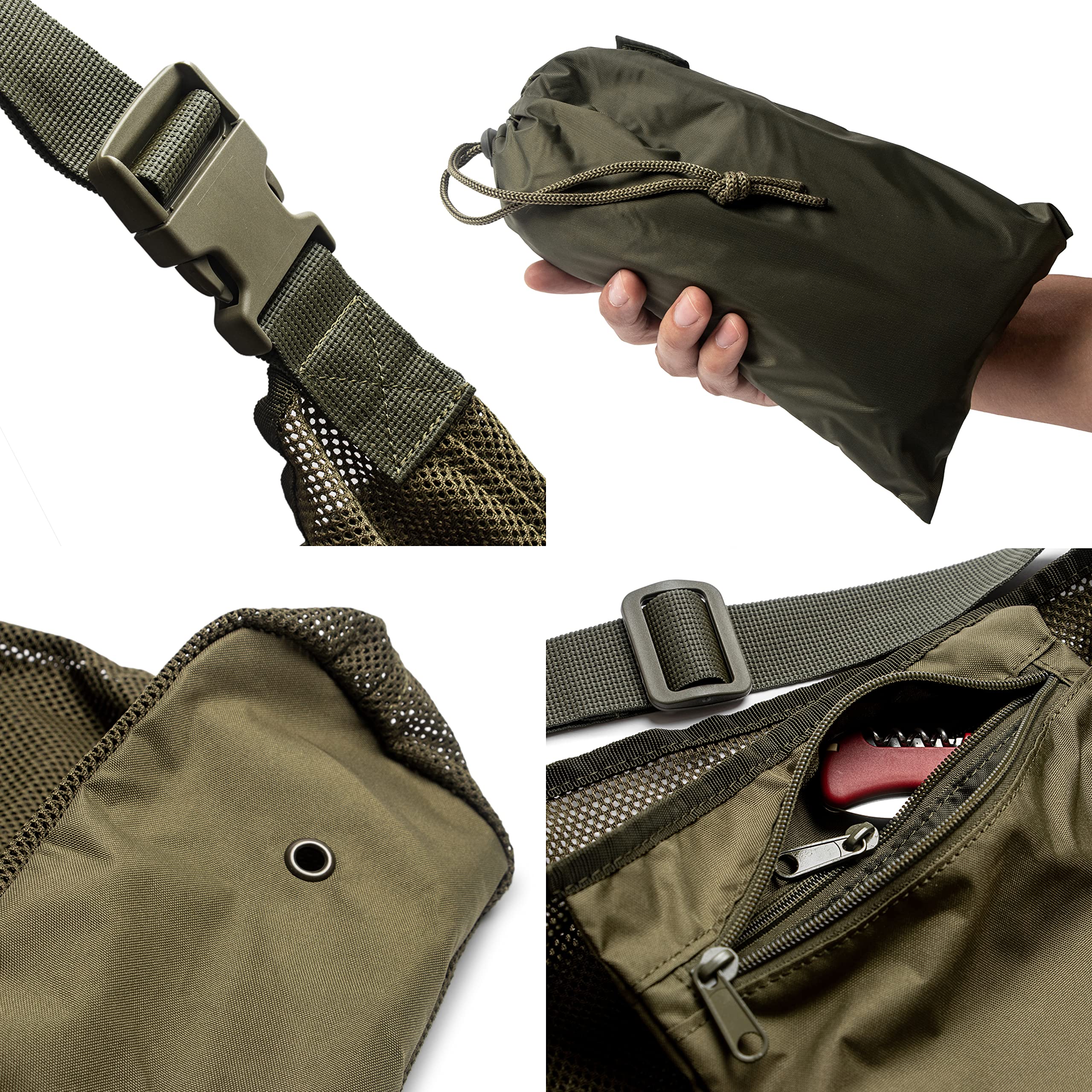 Durable Mesh Harvest Bag for Fruit Picking, Vegetable Gathering & Mushroom Hunting - Reusable Khaki Garden Bag with Pocket for Apples, Berries, Morels - Perfect for Farmers Market, Beach Trips & Outdoor Adventures