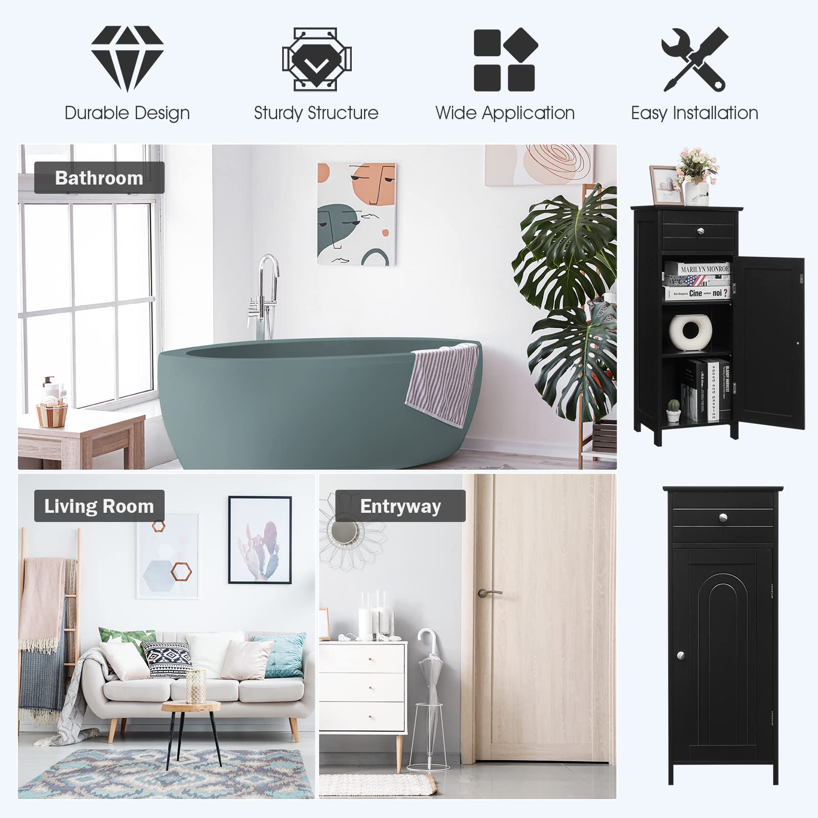 GLACER Floor Storage Cabinet with 2 Adjustable Shelves - Multifunctional Bathroom & Living Room Organizer, 14 x 12 x 34.5 Inches, Black - Perfect for Small Spaces, Bathroom Essentials & Home Decor Storage