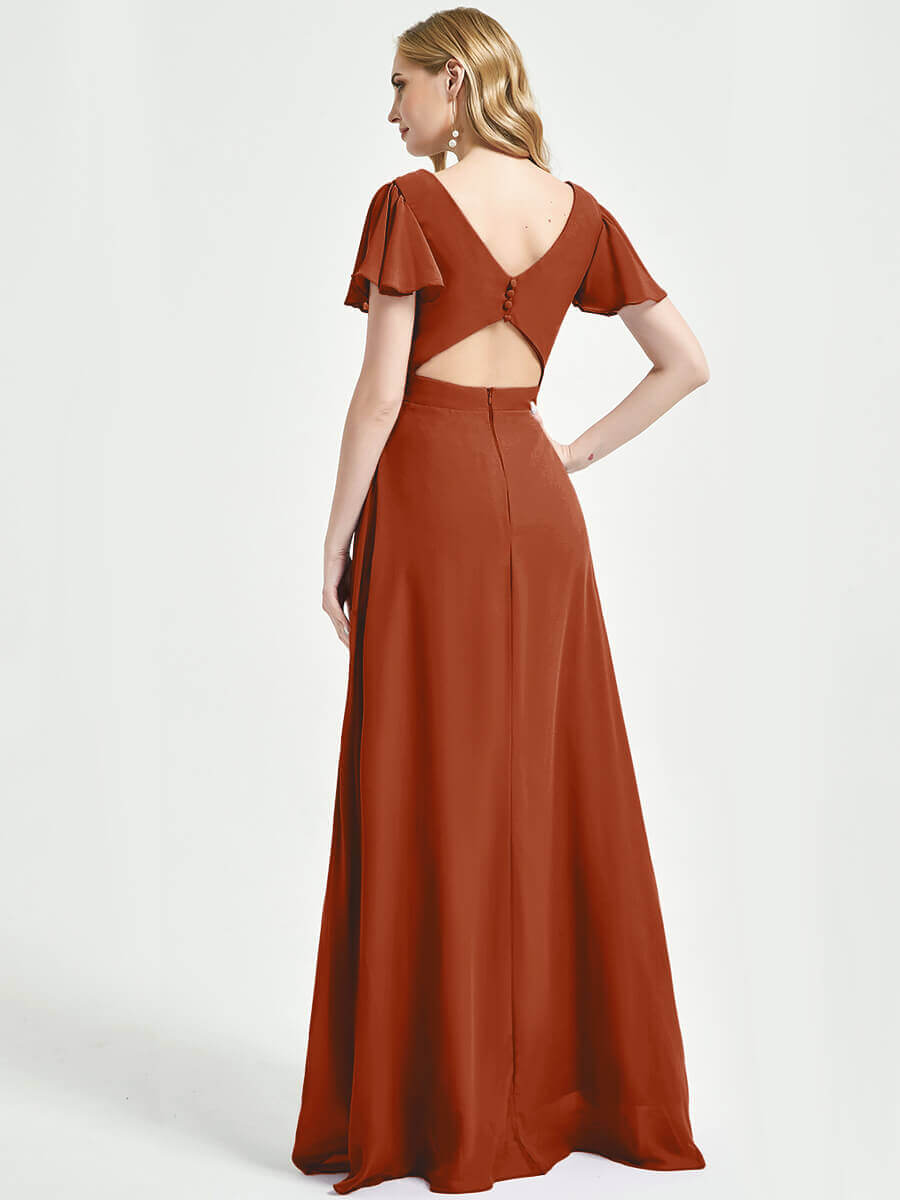 Elegant Burnt Orange Chiffon Bridesmaid Dress with Ruffle Sleeves & Backless Design - Perfect for Weddings, Formal Events & Evening Parties