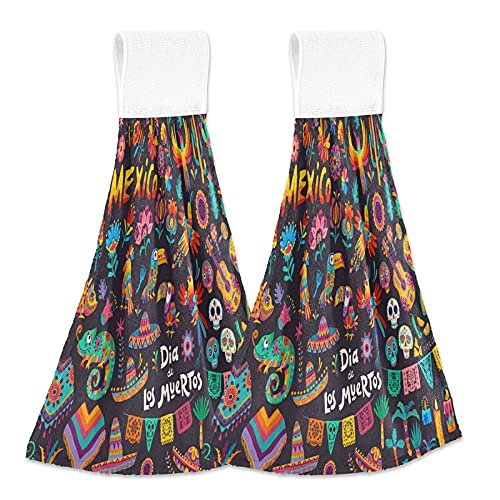 Day of the Dead Mexican Kitchen Towels - 2 Pack Super Absorbent Dishcloths with Hanging Loop for Oven, Tea Bar, Bathroom & Tabletop | Dia De Los Muertos Holiday Decor & Hand Towel