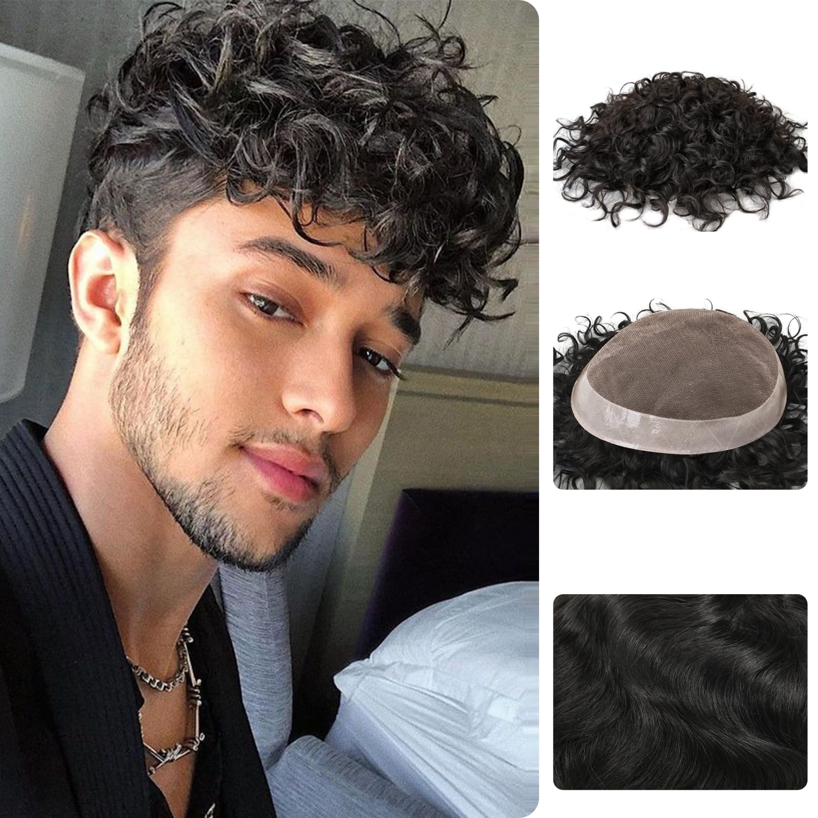 Zakya 20mm Curly Real Human Hair System for Men - 7x9 Inch Replacement Toupee | Natural Looking Hairpiece for Thinning Hair & Baldness | Perfect for Daily Wear, Weddings & Special Occasions