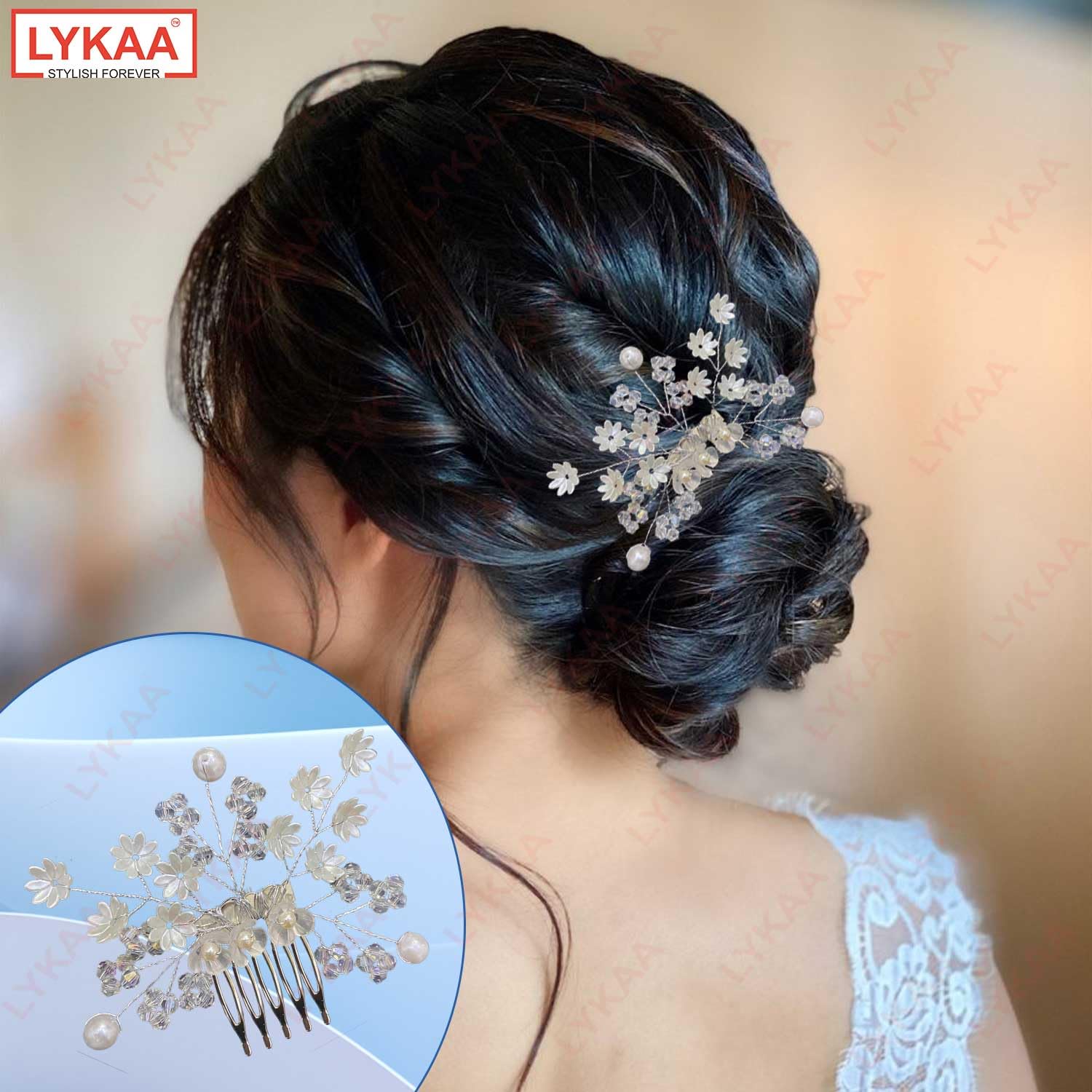 LYKAA Korean Stylish Rhinestone Pearl Hair Clips for Women & Girls - Silver Bun Pins, Side Combs, Juda Hair Accessories (Pack of 1) - Perfect for Weddings, Parties & Everyday Elegant Hairstyles