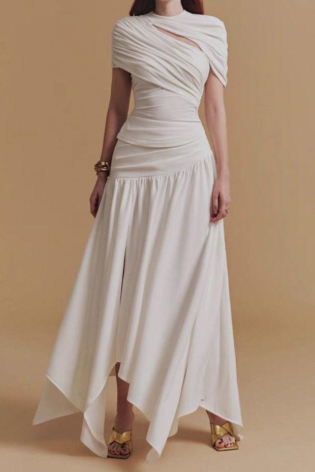 CASSIA Women's Asymmetrical Ruched Top and Midi Skirt Set in White | Elegant Two-Piece Outfit for Party, Date Night & Special Occasions