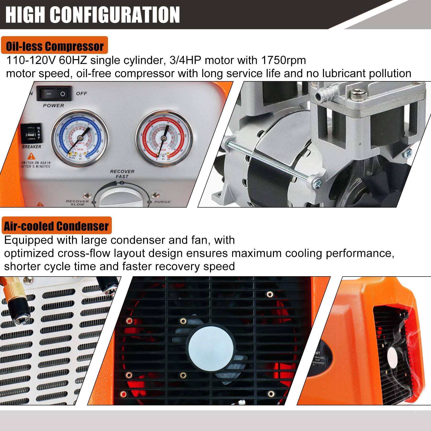 JIFETOR Portable AC Refrigerant Recovery Machine - 3/4HP Oil-Free Compressor for Recycling Liquid & Vapor Refrigerant | Automotive AC & HVAC System Maintenance Tool | Ideal for Car Repair Shops & Home HVAC Service