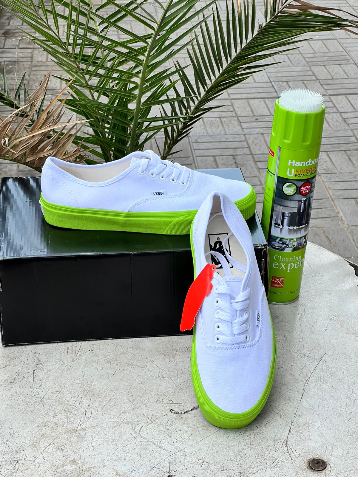 Vans Classic White Canvas Sneakers with Neon Green Sole - Stylish & Comfortable for Casual Wear, Skateboarding, and Street Fashion