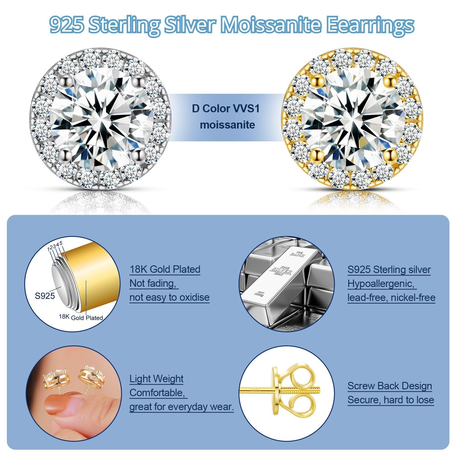 Moissanite Earrings for Women & Men - 3-10MM 925 Sterling Silver Diamond Stud Earrings (0.2-4.0CTTW) | Hypoallergenic White Gold Halo Earrings with Secure Screw Backs | Valentine's Day Gift, Anniversary Present, Wedding Jewelry