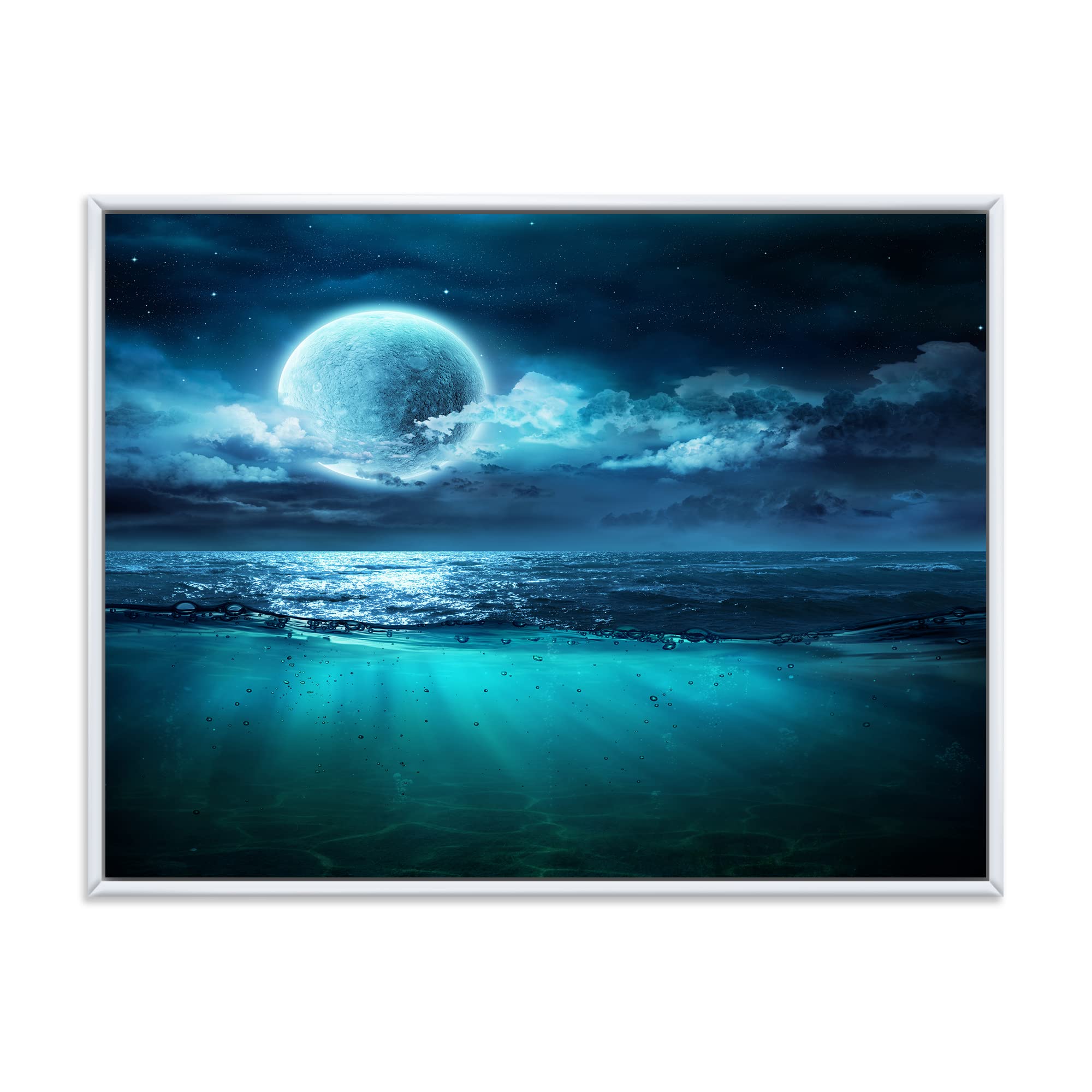 DesignQ Romantic Moon Over Deep Blue Sea II - Coastal Framed Canvas Wall Art Print for Living Room, Bedroom & Office Decor | Nautical Home Decor | Ready to Hang