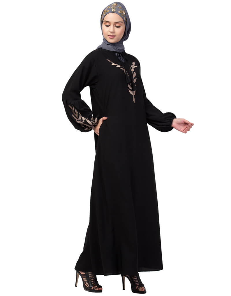 Elegant Arabic Front & Sleeve Resham Embroidered Balloon Sleeve Abaya Dress - Black | Modest Islamic Clothing for Prayer, Eid & Special Occasions