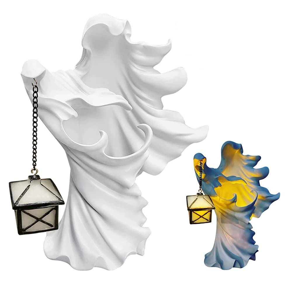Hell's Messenger with Lantern - Witch Decoration Lamp for Halloween & Fall Decor, Indoor Outdoor Garden Statue Night Light - Perfect for Home, Yard, and Spooky Party Decorations (White)