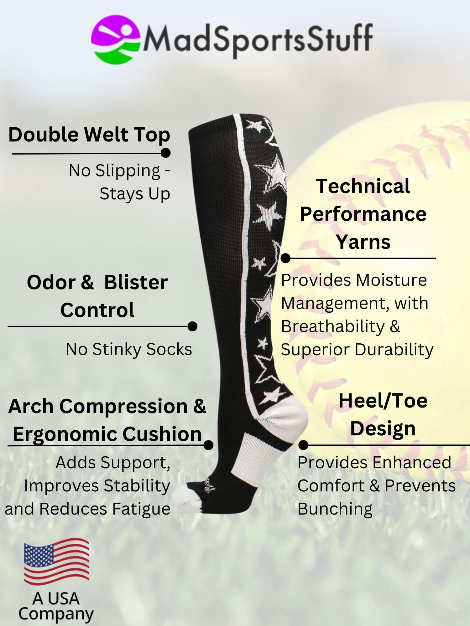 MadSportsStuff Softball Socks with Stars - Over the Calf Tall Socks for Girls, Women, Youth & Adults - Perfect for Sports, Games & Casual Wear