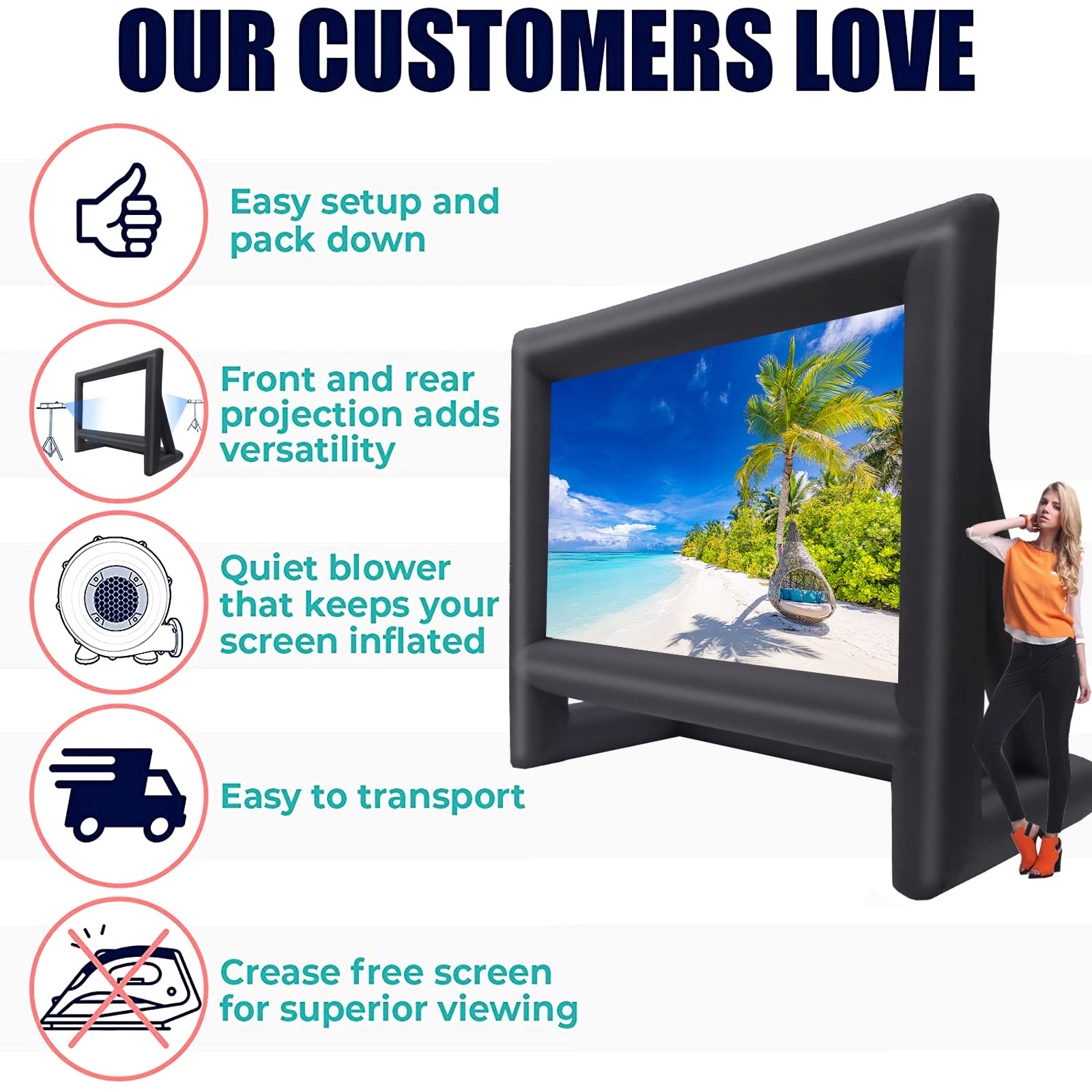 21ft Inflatable Outdoor Movie Screen - Portable Projection Screen for Home Theater, Backyard & Camping | Front/Rear Viewing | Includes Blower for Indoor & Outdoor Use | Perfect for Movie Nights, Parties & Events