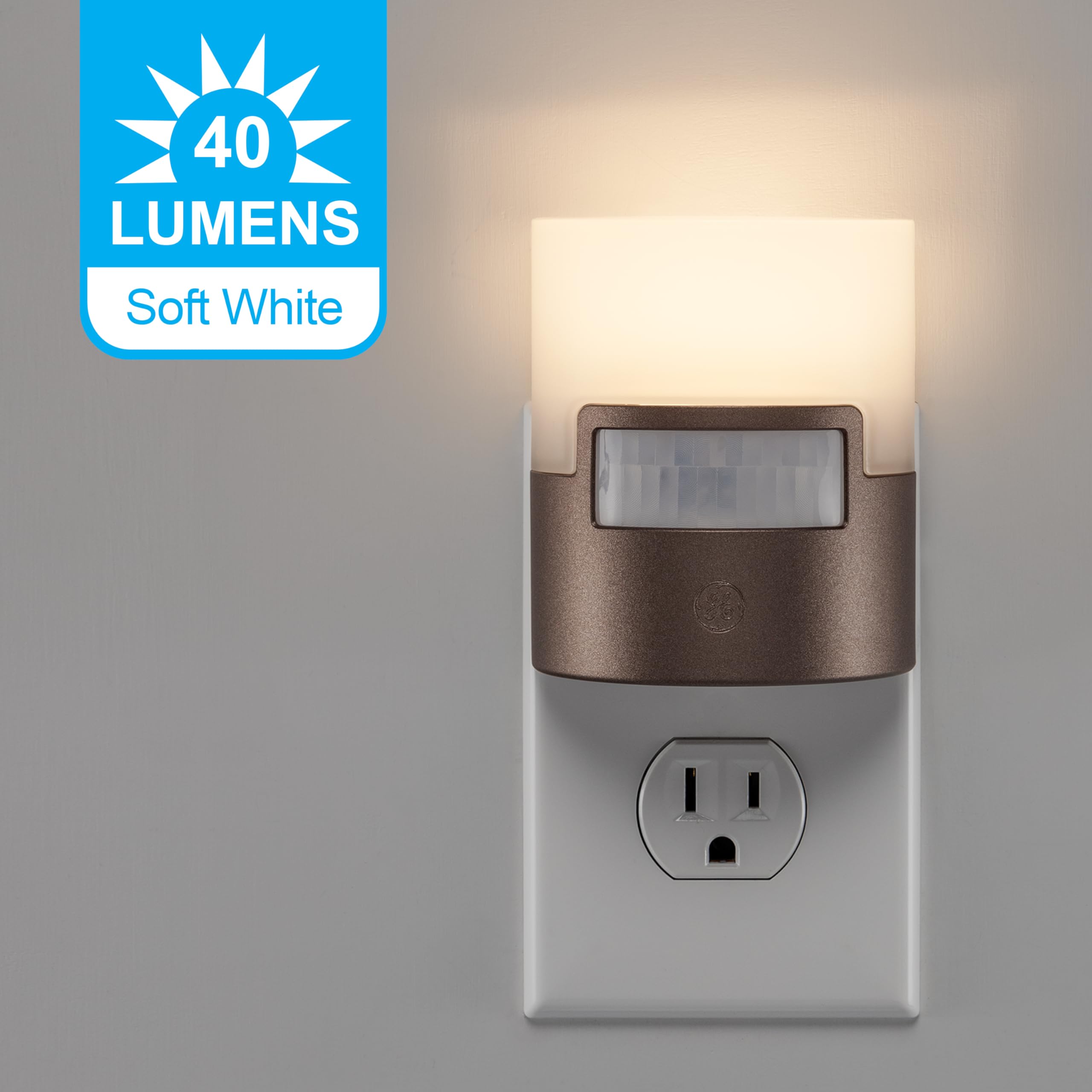 GE LED Motion Sensor Night Light - 40 Lumens Soft White Plug-in Wall Light, UL Certified & Energy Efficient - Perfect for Bedroom, Bathroom, Kitchen, Hallway (Bronze, 1 Pack) | Night Light for Kids, Adults, Seniors & Home Safety