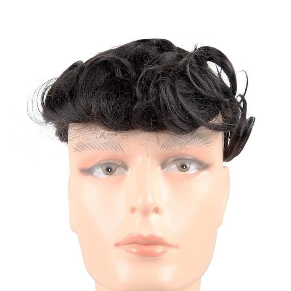 Premium Mono Silk Base NPU Around Remy Human Hair Wig for Men - Natural Black (1B#) Wavy Hair Toupee - 6