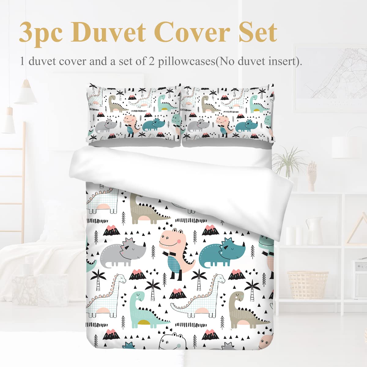 Dinosaur King Bedding Set for Boys - Cute Dino Duvet Cover, Blue & Pink Dinosaur Comforter Cover, 3-Piece Kids Cartoon Bed Set (King Size) - Perfect for Kids' Rooms, Themed Bedrooms & Dinosaur Lovers