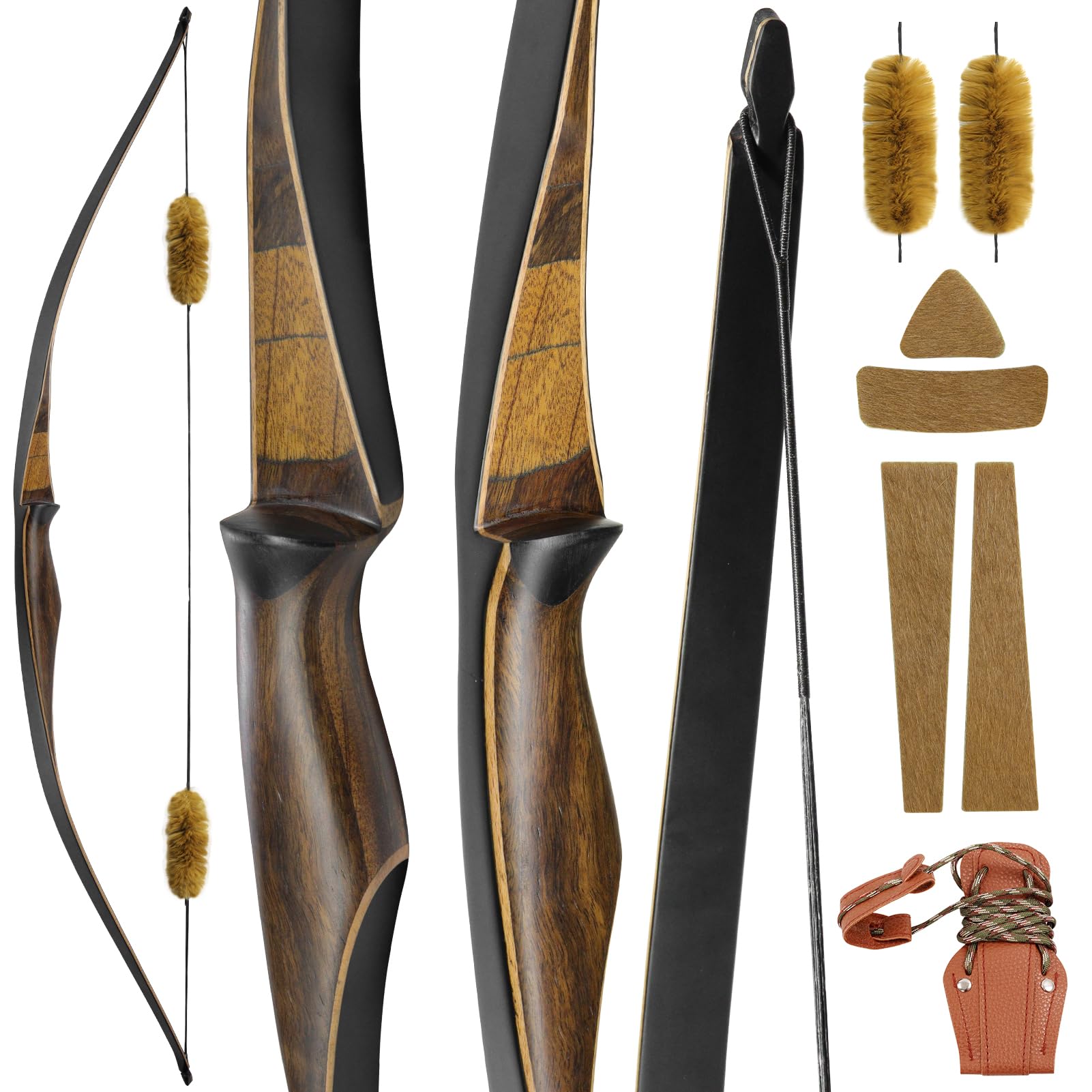 52 Inch Black Hunter Longbow - 20-35lbs Traditional Wooden Horse Bow for Right Handed Archers | Handmade One Piece Longbow with Stringer Tool | Perfect for Hunting, Target Practice & Outdoor Shooting Adventures
