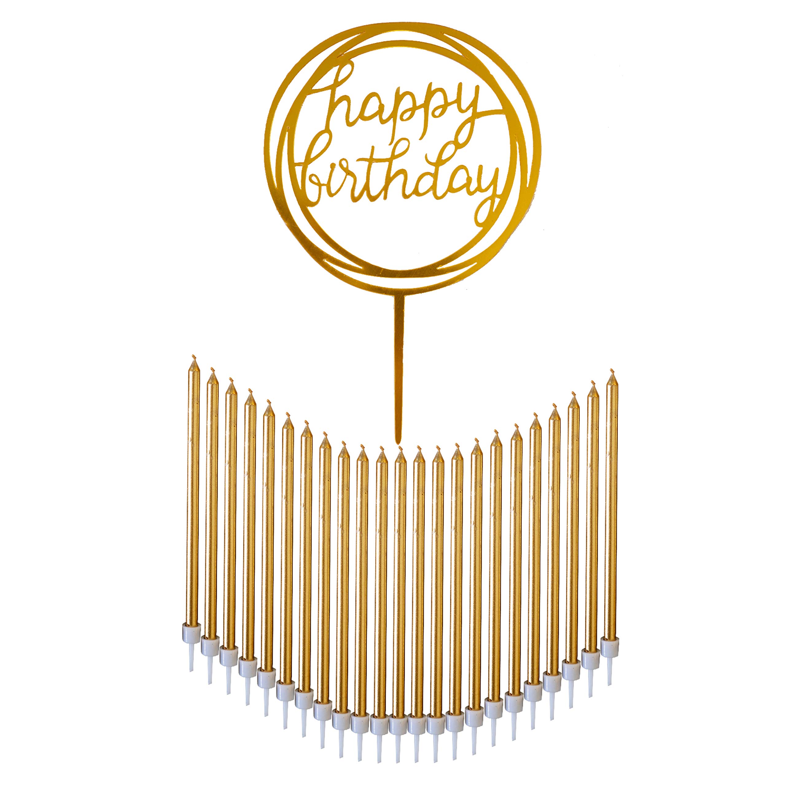 24-Pack Tall Thin Metallic Gold Birthday Candles with Holders & Matching Cake Topper - Slow Burning for Custom Cakes, Cupcakes & Special Occasions | Elegant Party Decor by Dream VZN