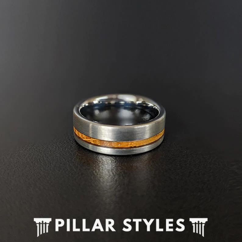8mm Silver Tungsten Wedding Band for Men - Whiskey Barrel Ring with Bourbon Wood Inlay - Rustic Boho Style Anniversary Gift - Perfect for Weddings, Engagements & Special Occasions