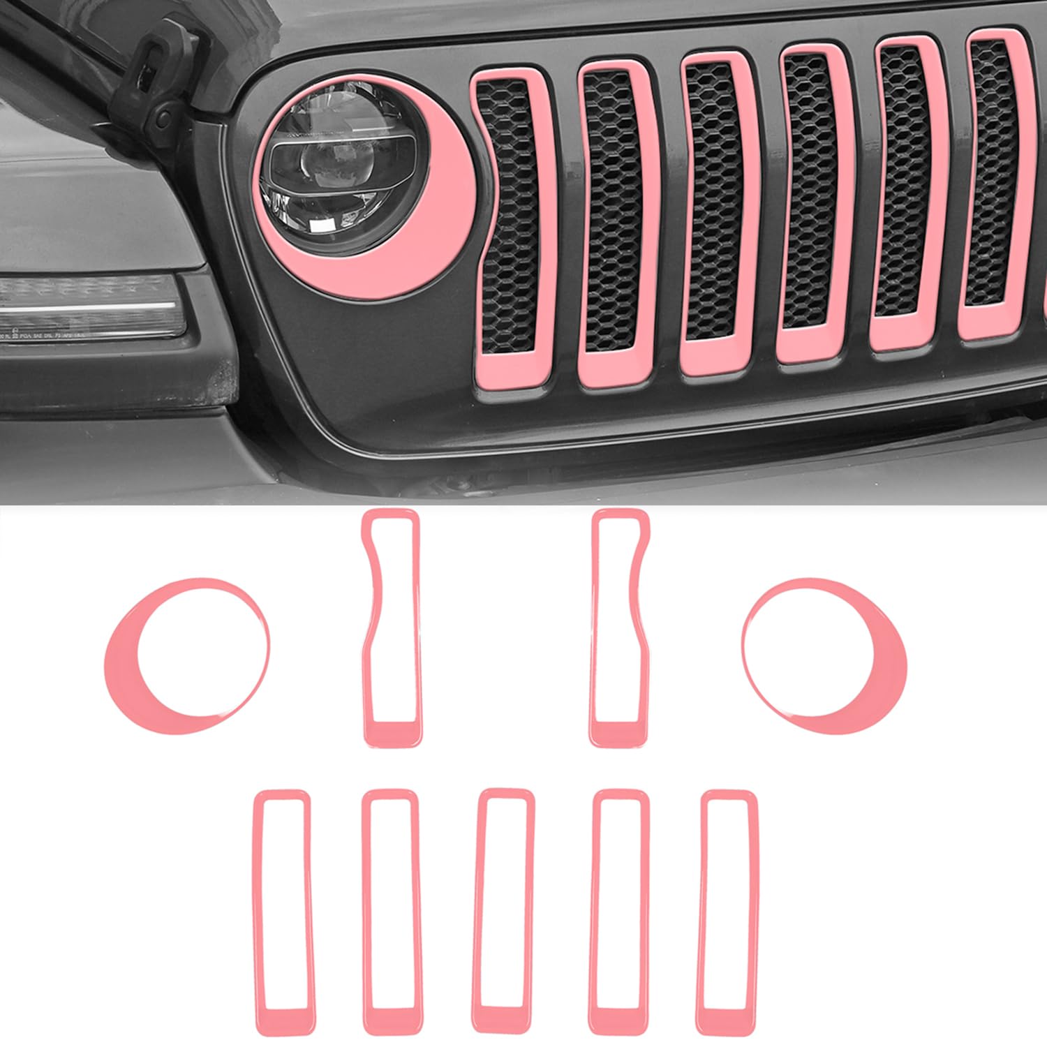 RT-TCZ Pink Mesh Front Grille Insert & Headlight Cover Trim Kit for Jeep Wrangler JL/JLU (2018-2022) - 9-Piece Exterior Accessories Set for Off-Road Protection & Style Enhancement