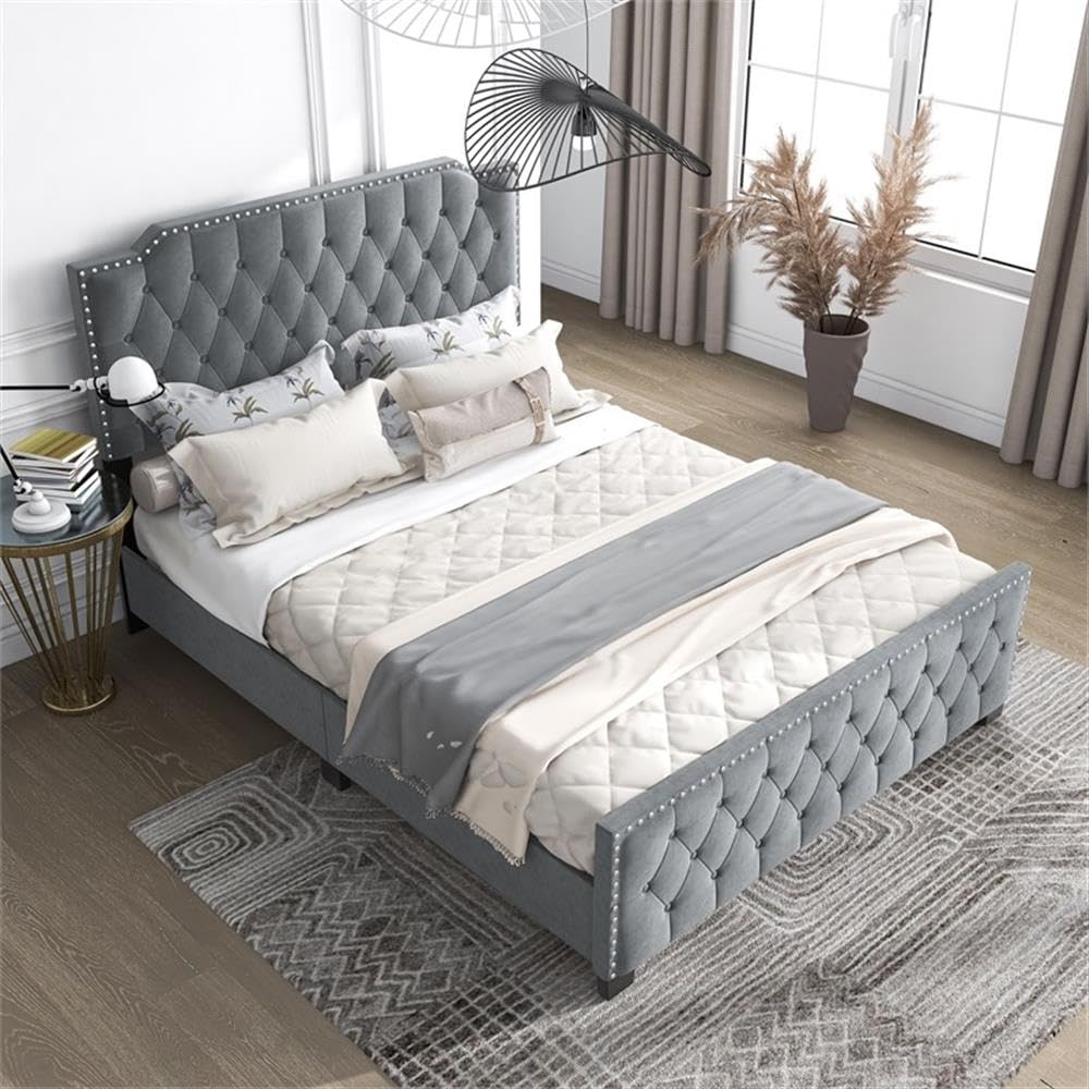Furniture of America Chetana Light Gray Full Tufted Upholstered Wood Bed Frame - Queen Size Platform Bed with Upholstered Headboard - Perfect for Modern Bedroom, Guest Room & Master Suite Decor