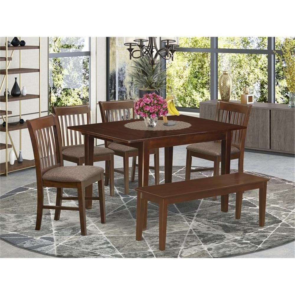 East West Furniture 6-Piece Dining Room Set - Rectangle Table with Butterfly Leaf, 4 Linen Fabric Chairs & Bench, 36x54 Inch, Mahogany | Perfect for Family Meals, Dinner Parties & Small Space Dining Rooms