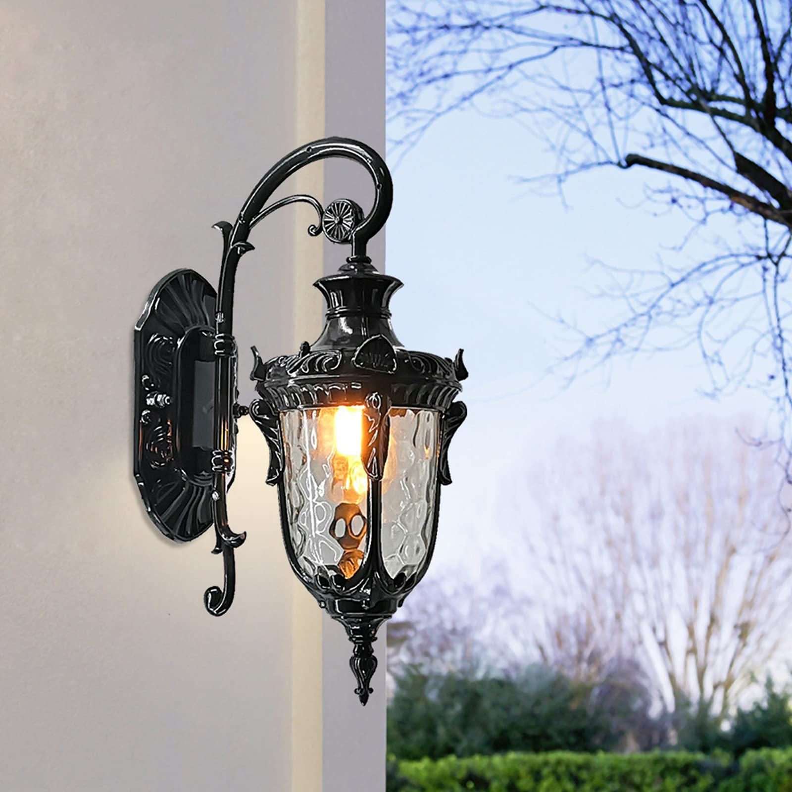 TFCFL Outdoor Industrial Wall Light Fixtures - Waterproof Exterior Wall Sconce with Hammered Glass Shade, Black Porch Lights for House, Barn, Garage & Patio Lighting