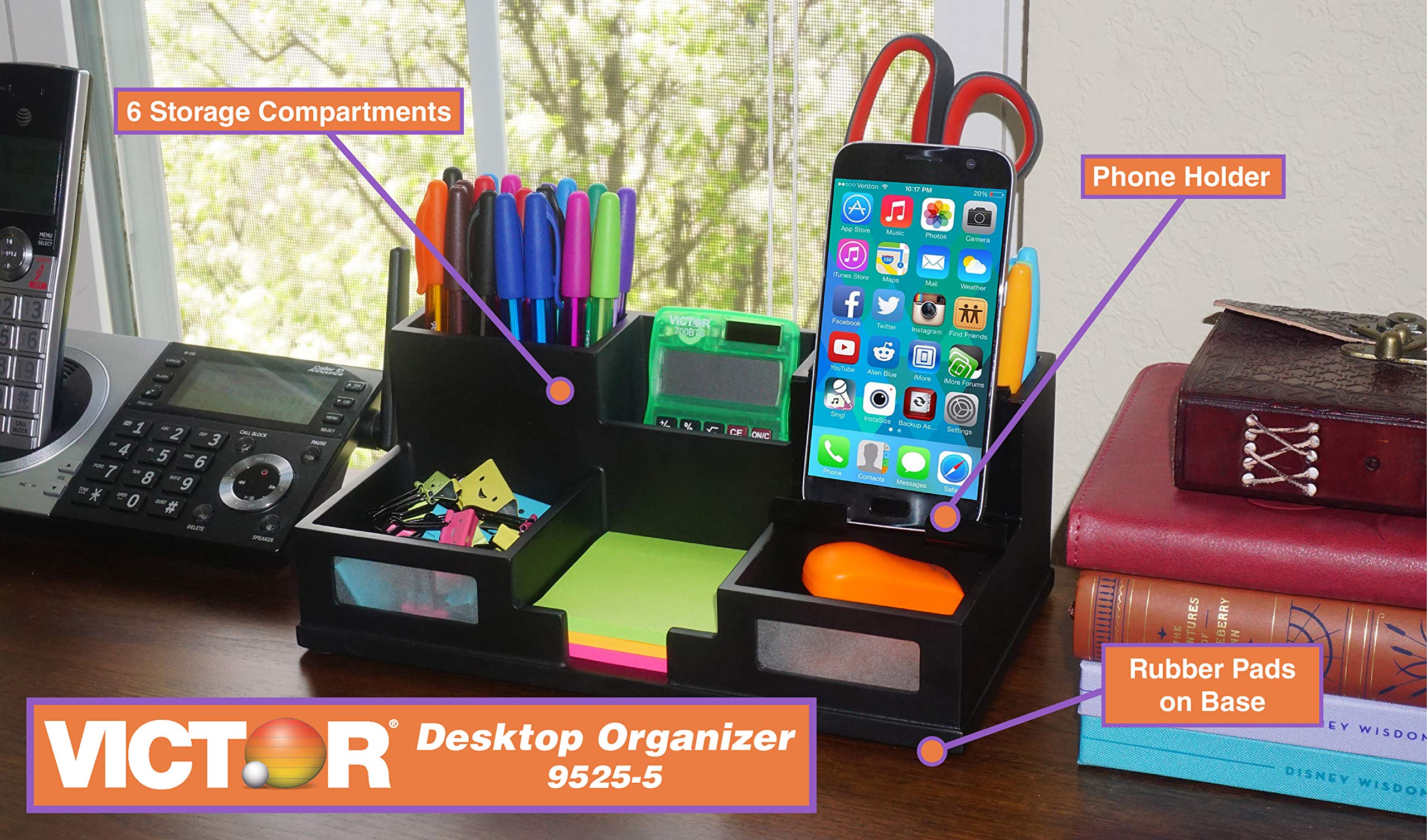 Victor Wood Desk Organizer with Smartphone Holder - Midnight Black (9525-5) | Stylish Office Desk Accessory for Home & Workspace Organization