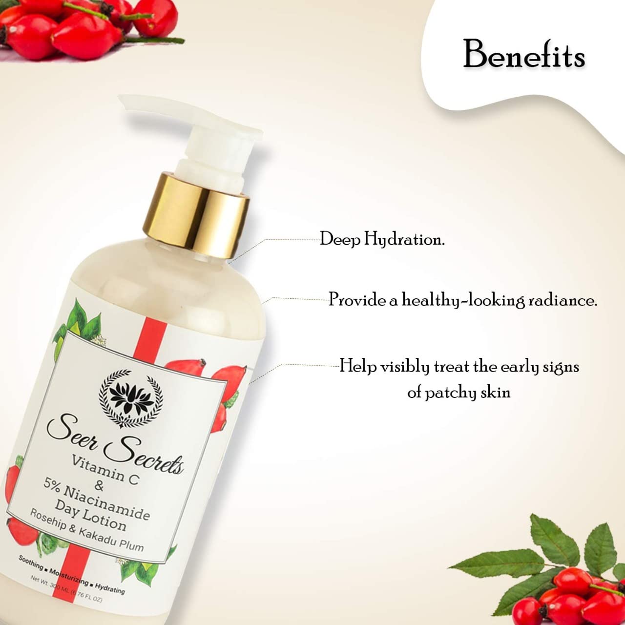 Seer Secrets Body Lotion for Smoothing & Moisturizing - 300ML Natural Rosehip & Kakadu Plum Skin Care for Women | Daily Hydration for Dry Skin, Post-Shave Soothing, and Nighttime Nourishment