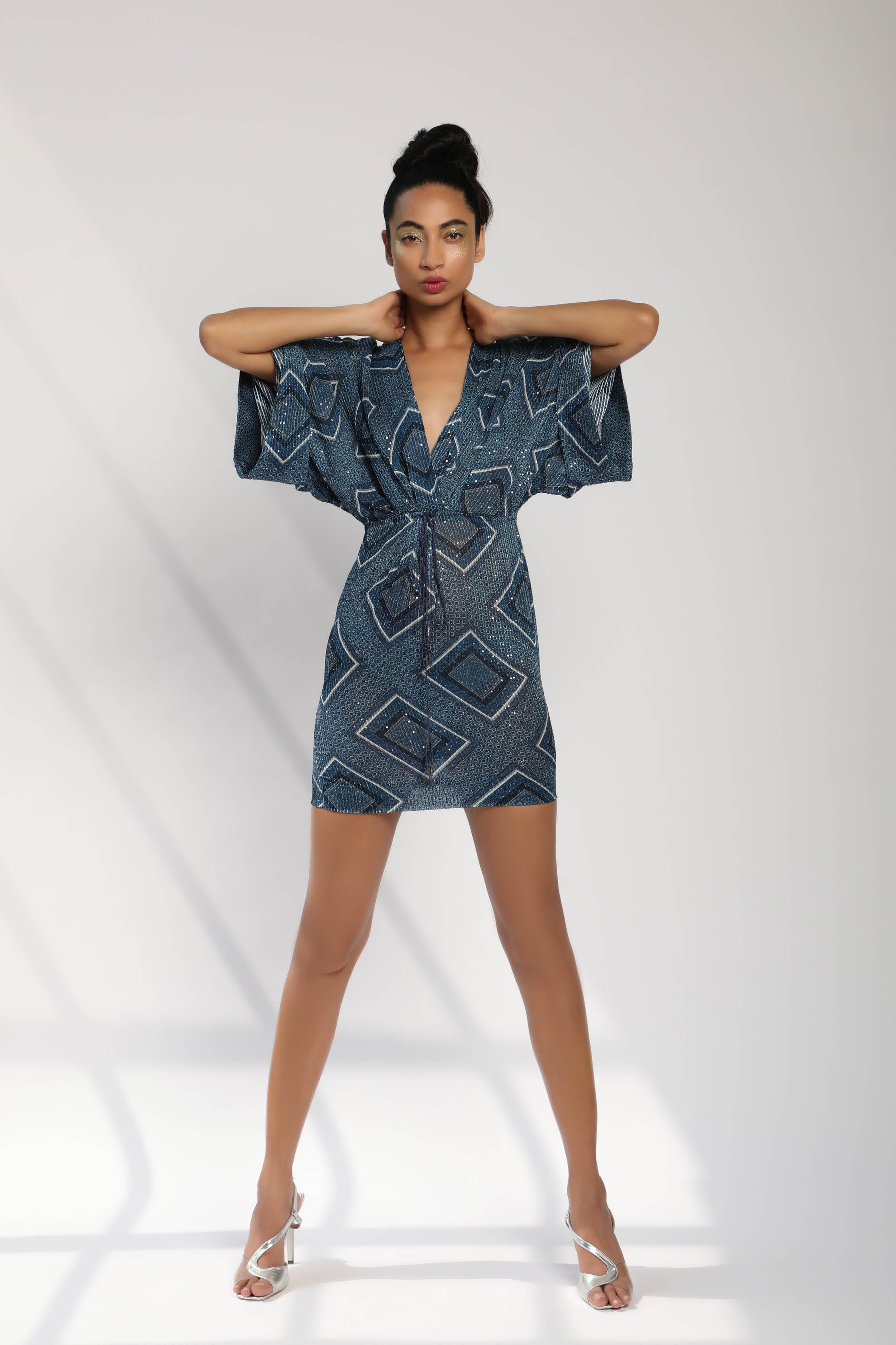 Indigo Blue Tile Print Draped Kimono Dress - Elegant Flowy Boho Maxi Dress for Women | Perfect for Beach Cover Up, Summer Vacation & Festival Outfits