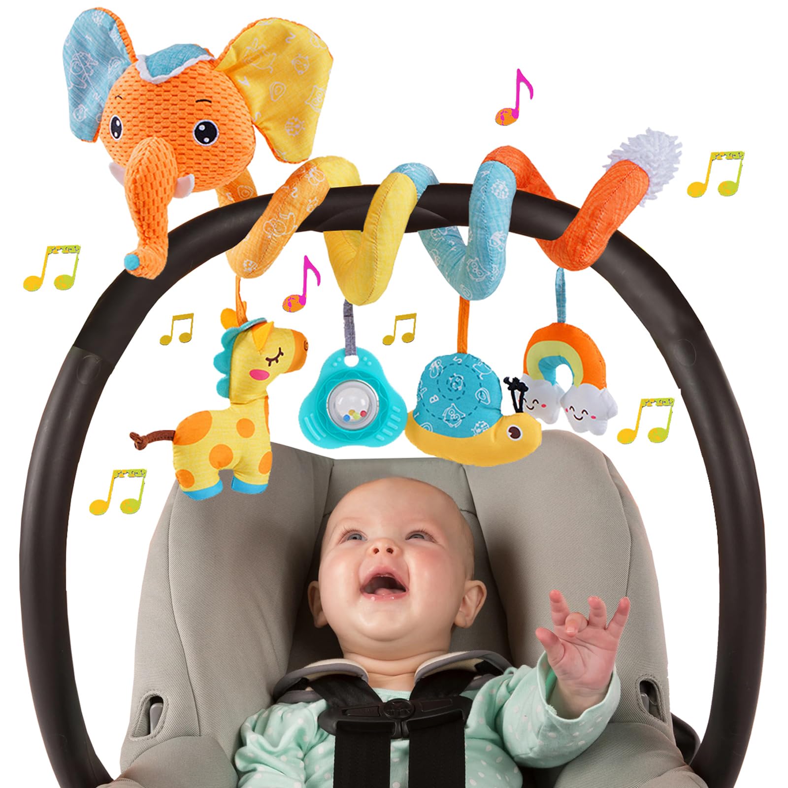 Best Baby Car Seat & Stroller Toys for Infants 0-12 Months - Spiral Activity Developmental Toy with Music Box, Rattle & Squeaker - Orange Elephant Design - Perfect for Crib, Stroller & Travel