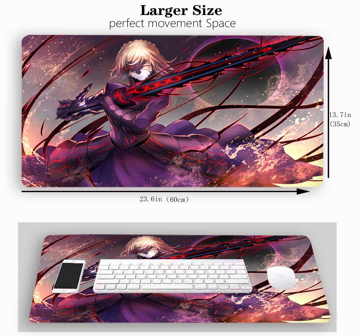 Fate Stay Night Anime Gaming Mouse Pad - Large Desk Mat for Computer & Keyboard - Saber Alter Fate Grand Order Design - Non-Slip Rubber Base for PC Gaming & Office Work
