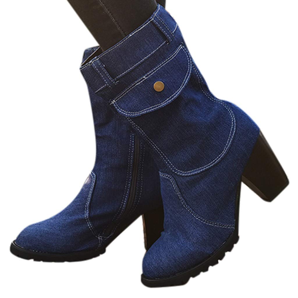 Women's Comfortable Anti-Slip Denim Ankle Boots with Mid Heel - Western Style Casual Booties for Everyday Wear, Office & Date Night Outfits