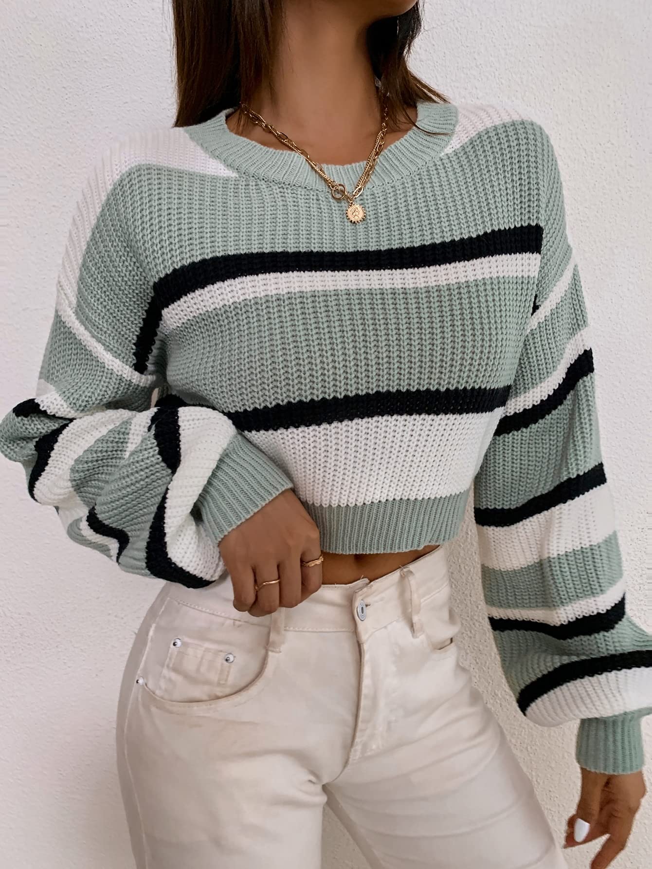 ZAFUL Women's Color Block Striped Sweater - Crew Neck Lantern Sleeve Cropped Knit Top | Casual Loose Fit Pullover for Fall & Winter | Perfect for Office, Dating & Weekend Outfits