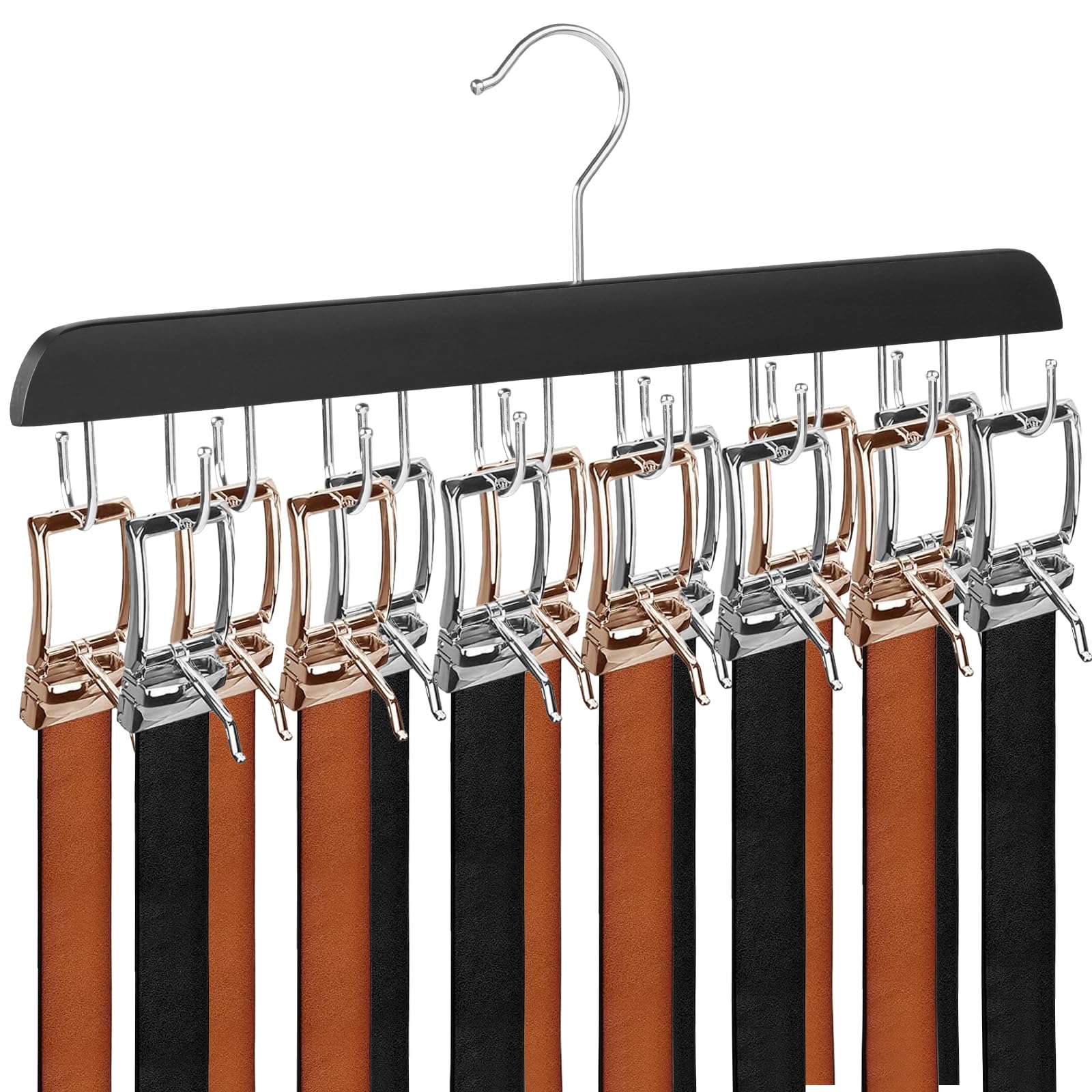 Sturdy Wooden Belt Rack with 14 Hooks - Holds 42 Belts & Ties - Space Saving Closet Organizer for Men's Accessories - Perfect for Bedroom, Walk-in Closet & Dorm Room Storage (Black)