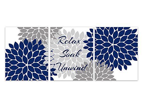 Modern Navy and Gray Bathroom Art Prints - Set of 3 Framed Wall Decor for Spa-Like Relaxation | Perfect for Bathroom, Guest Room & Home Office Decor