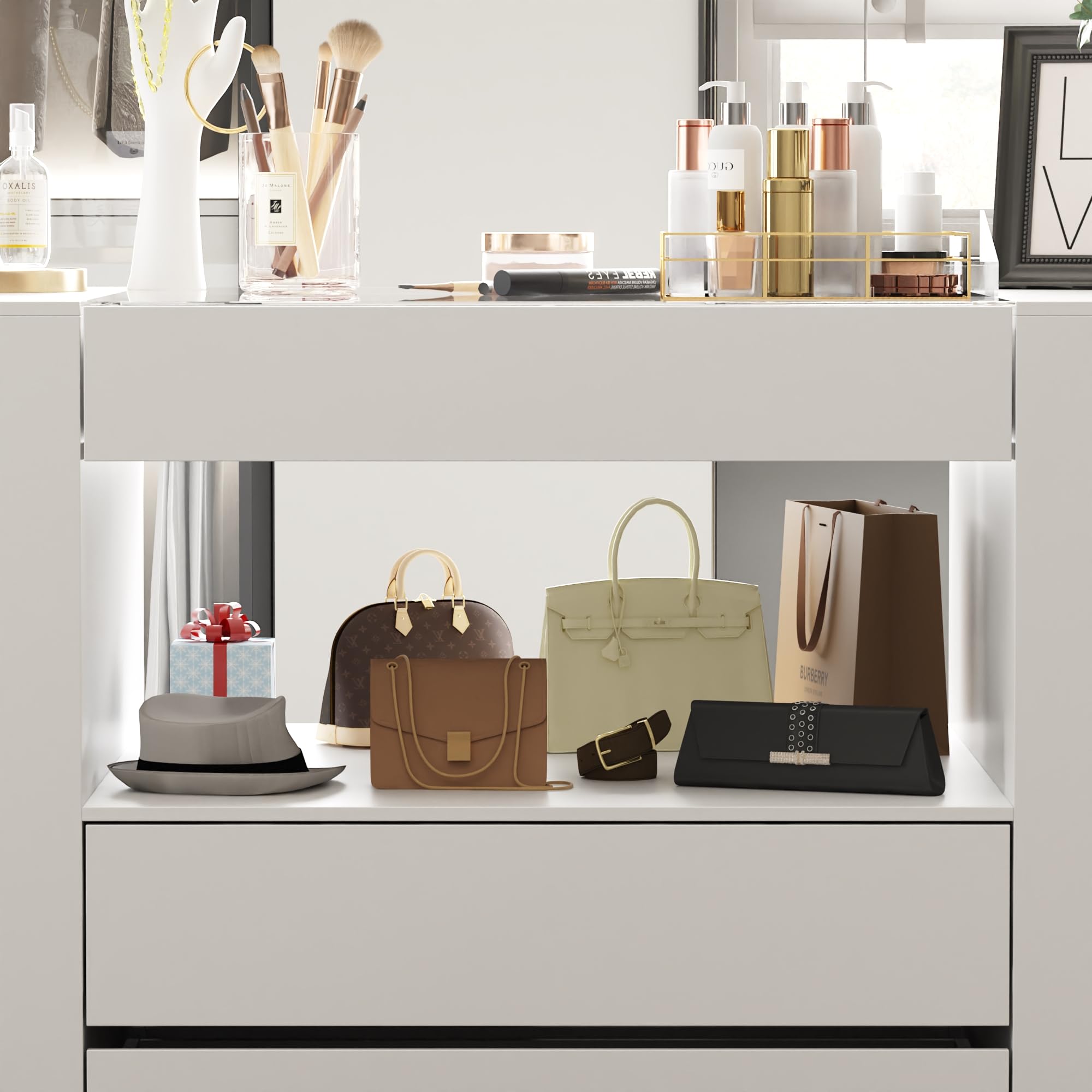 Homsee White Armoire Bedroom Island with Glass Tabletop & Display Shelf - 14-Drawer Wardrobe Closet, Walk-in Closet Dresser for Bedroom Organization | Perfect for Master Bedrooms, Guest Rooms & Boutique Shops