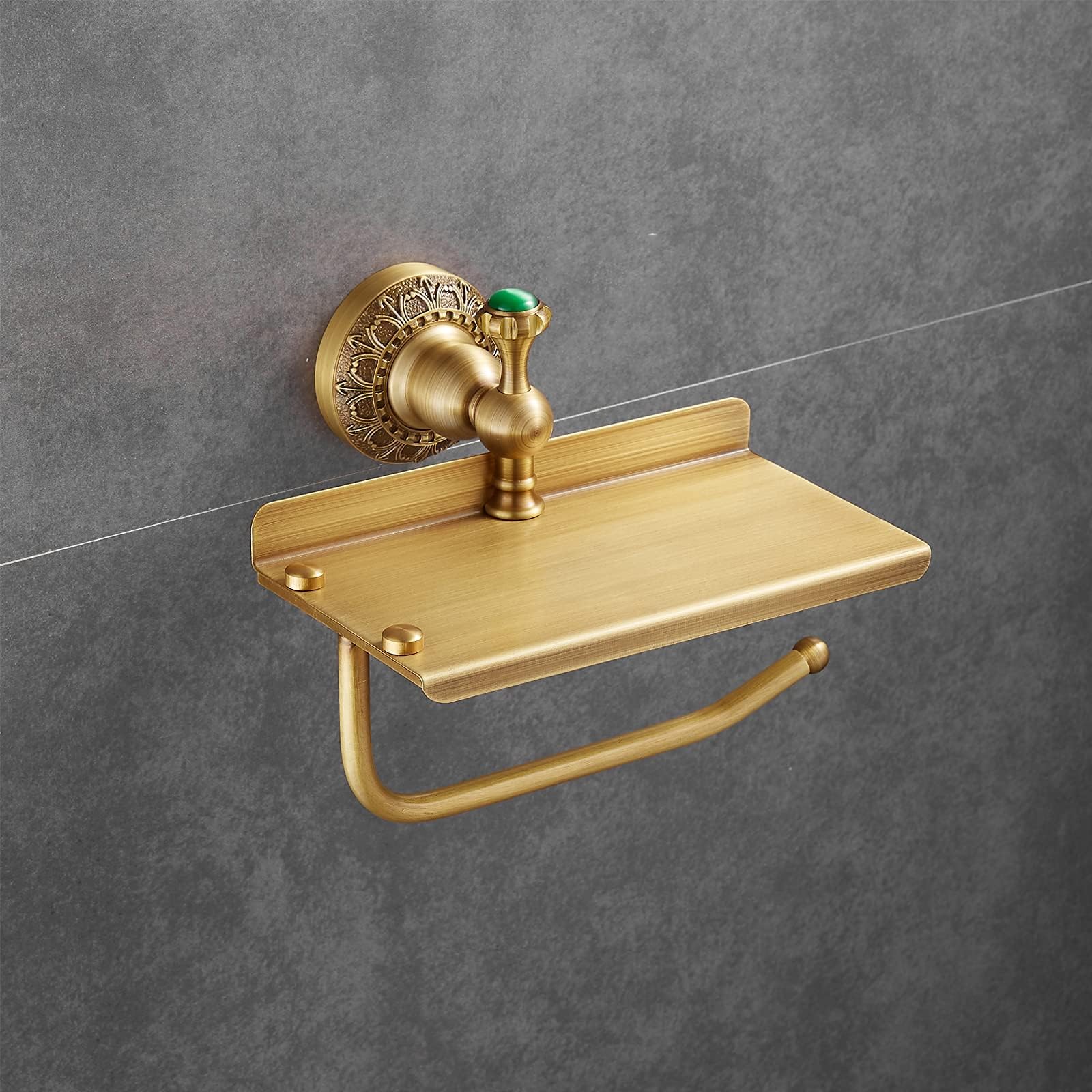 Beelee Solid Brass Wall-Mounted Toilet Paper Holder with Phone Shelf - Antique Brass Bathroom Tissue Roll Dispenser - Perfect for Bathroom, Powder Room & Vanity Organization
