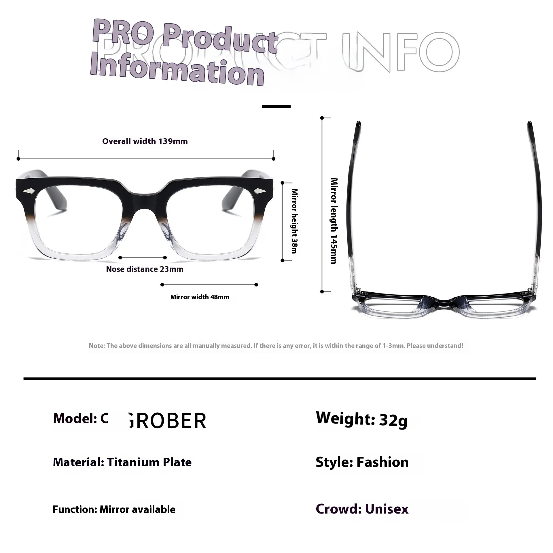 Aror Unisex Full Rim Square Thick Acetate Eyeglasses 13923 - Stylish & Durable Frames for Men & Women - Perfect for Reading, Work, and Fashion Accessories