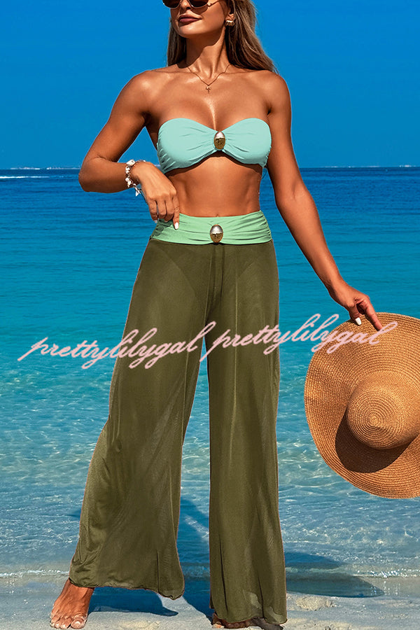 Solid Color Metal Button Stretch Two-Piece Bikini Swimsuit for Women - Beach, Pool, Vacation & Summer Fashion