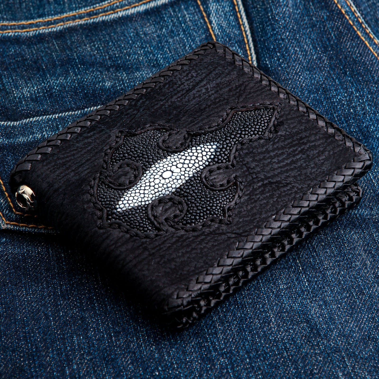 Genuine Black Stingray Leather Biker Wallet with Cross Inlay - Stylish & Durable Chain Wallet for Men, Perfect for Motorcycle Riders & Everyday Use